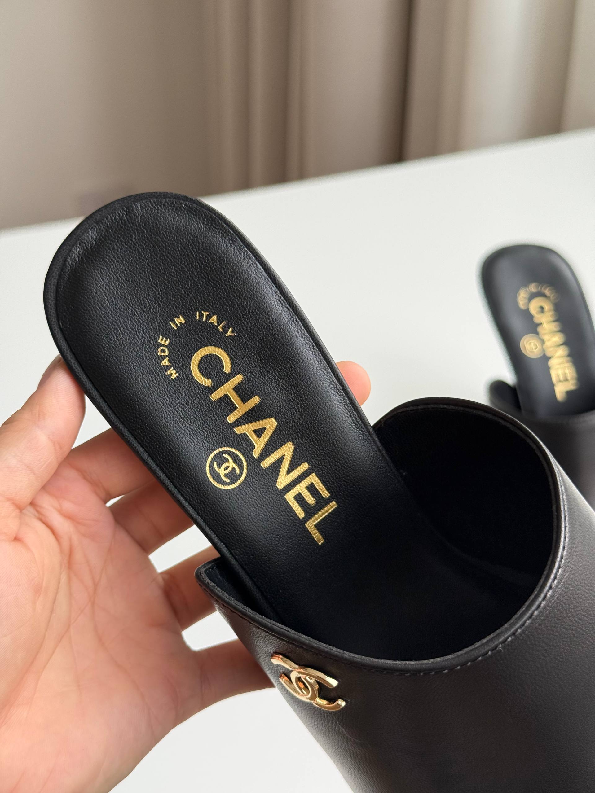 Chanel Smooth Leather CC Logo Flared Heel Open-Toe Mule Sandals