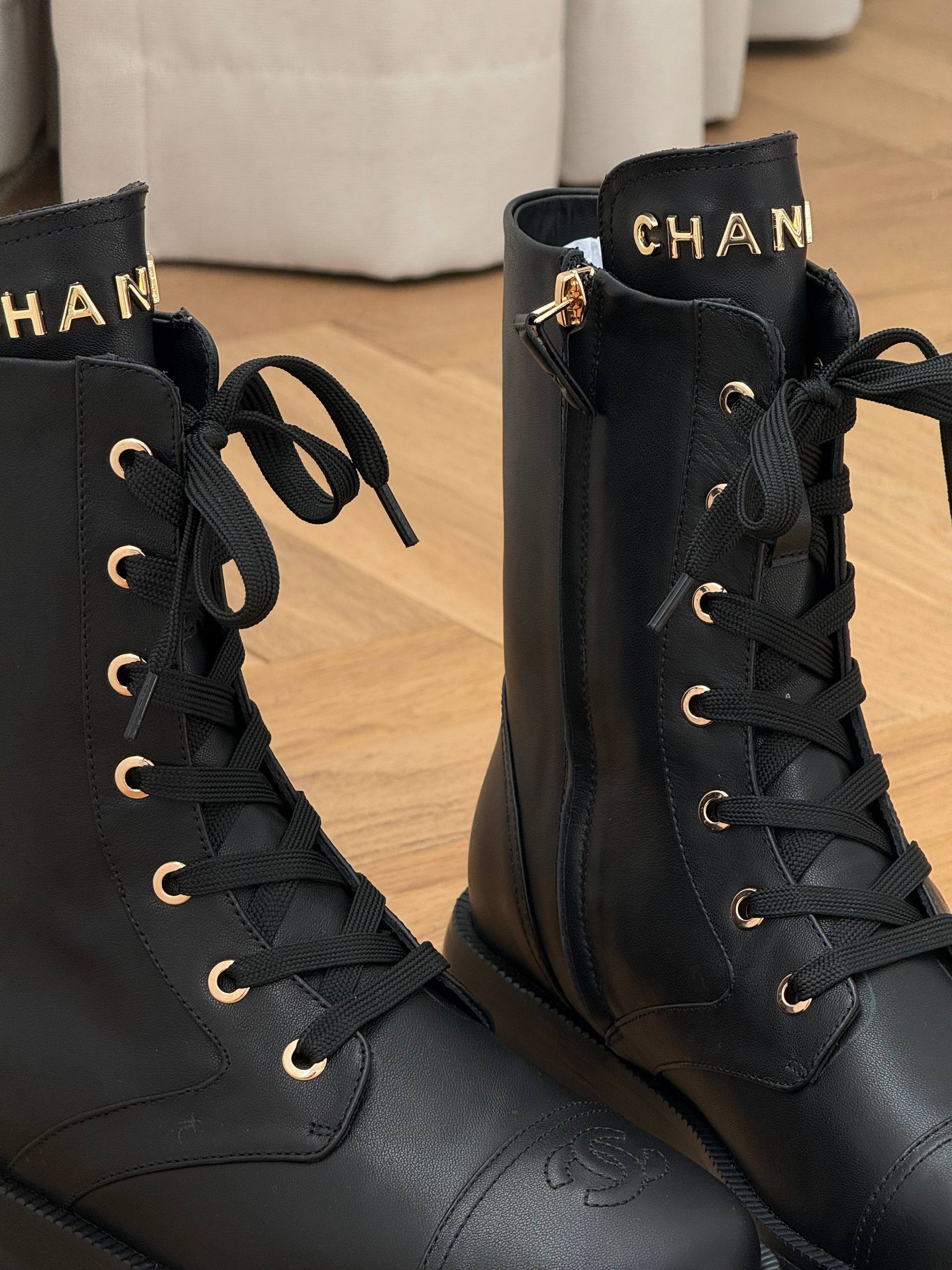 Chanel Calfskin Logo Combat Lace-Up Boots