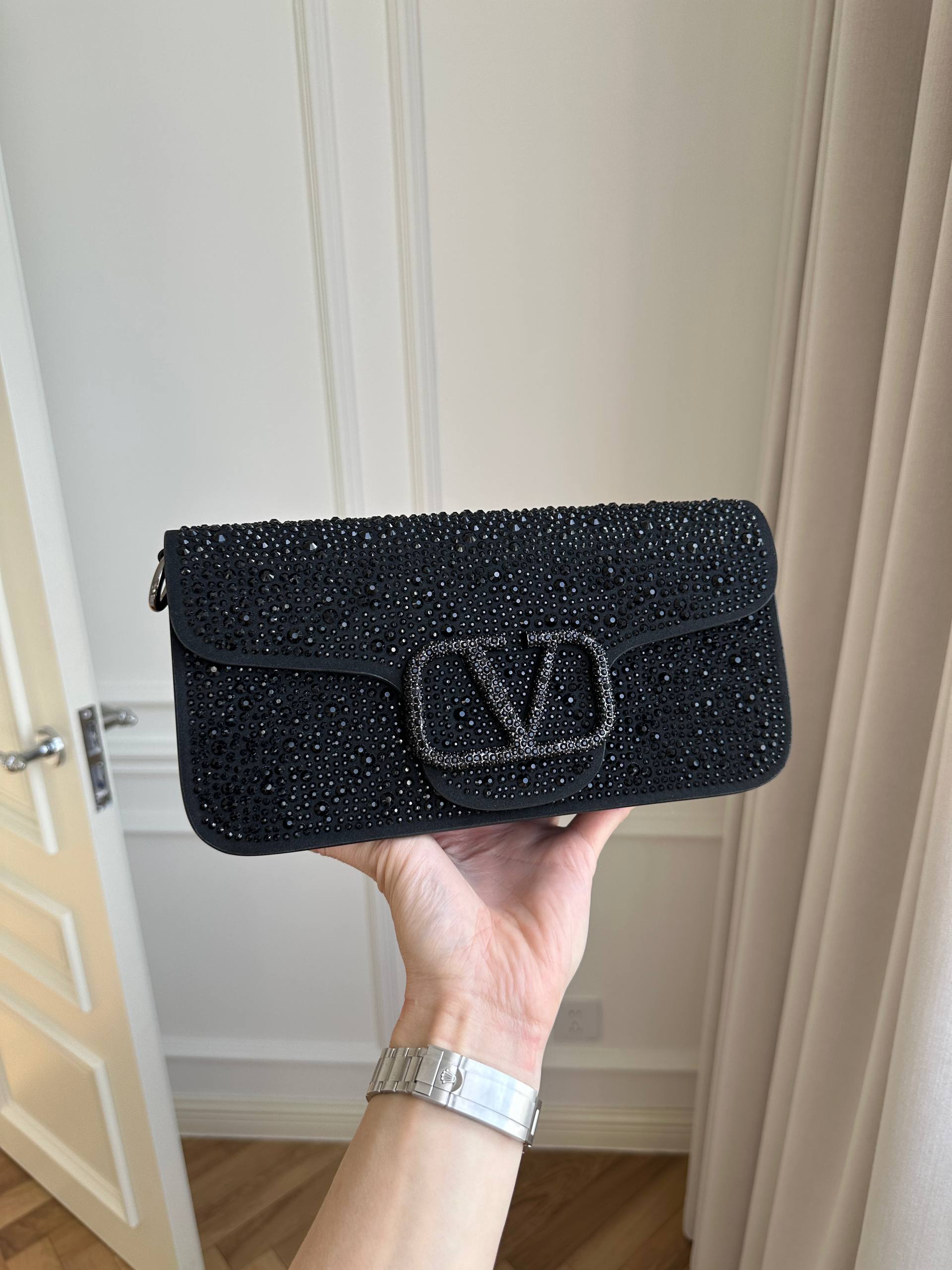 Valentino Black Full Crystal VLogo Flap Baguette Shoulder Bag