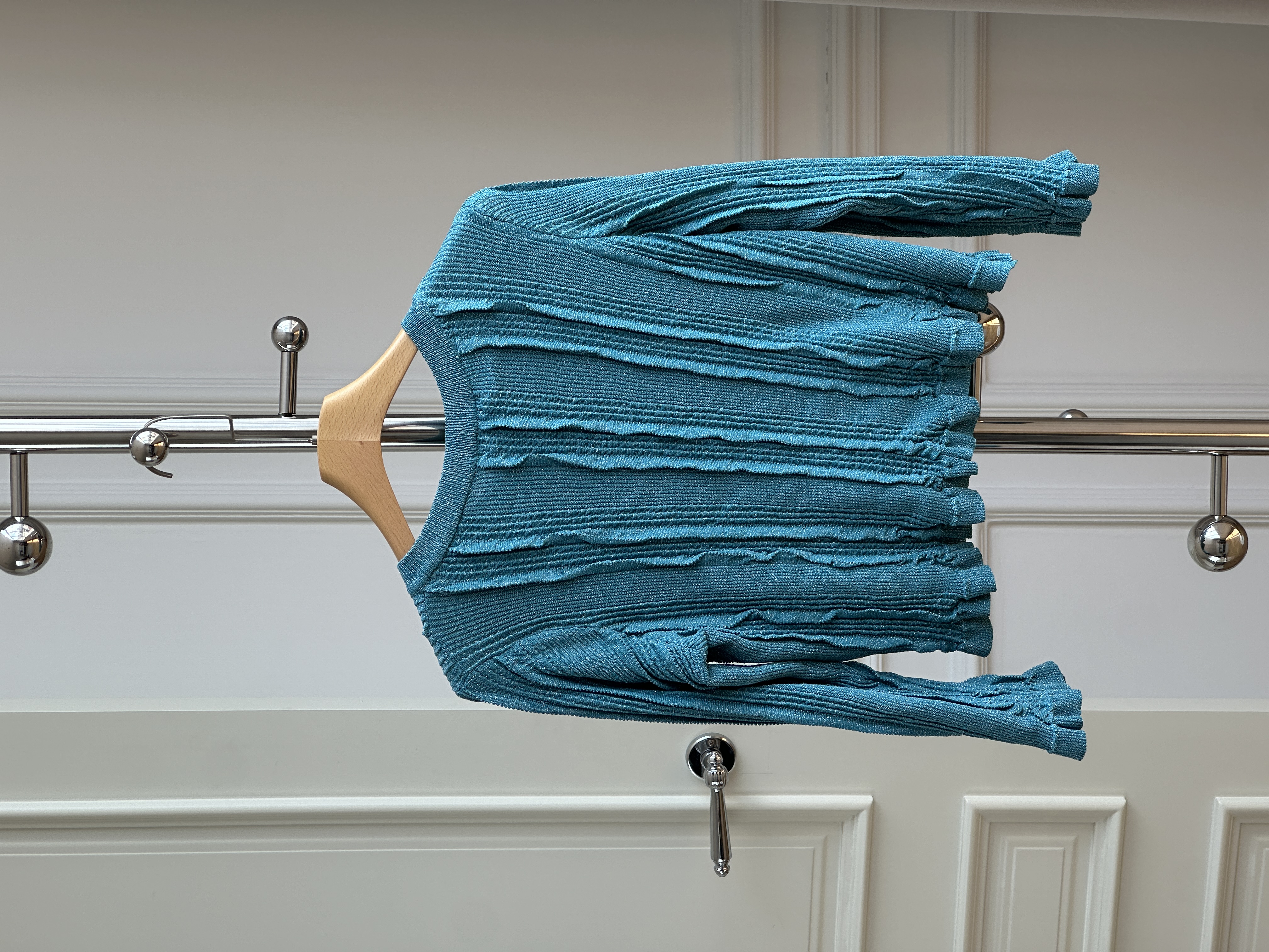 Chanel Peacock Blue Textured Vertical Rib Knit Cropped Cardigan With Silver Interlocking CC Buttons