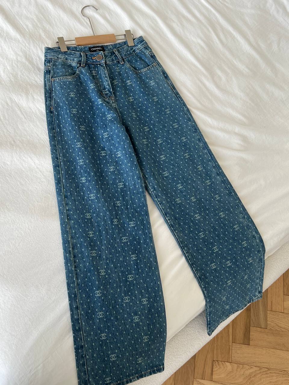 Chanel Blue Washed Denim CC Logo Printed Wide-Leg Jeans