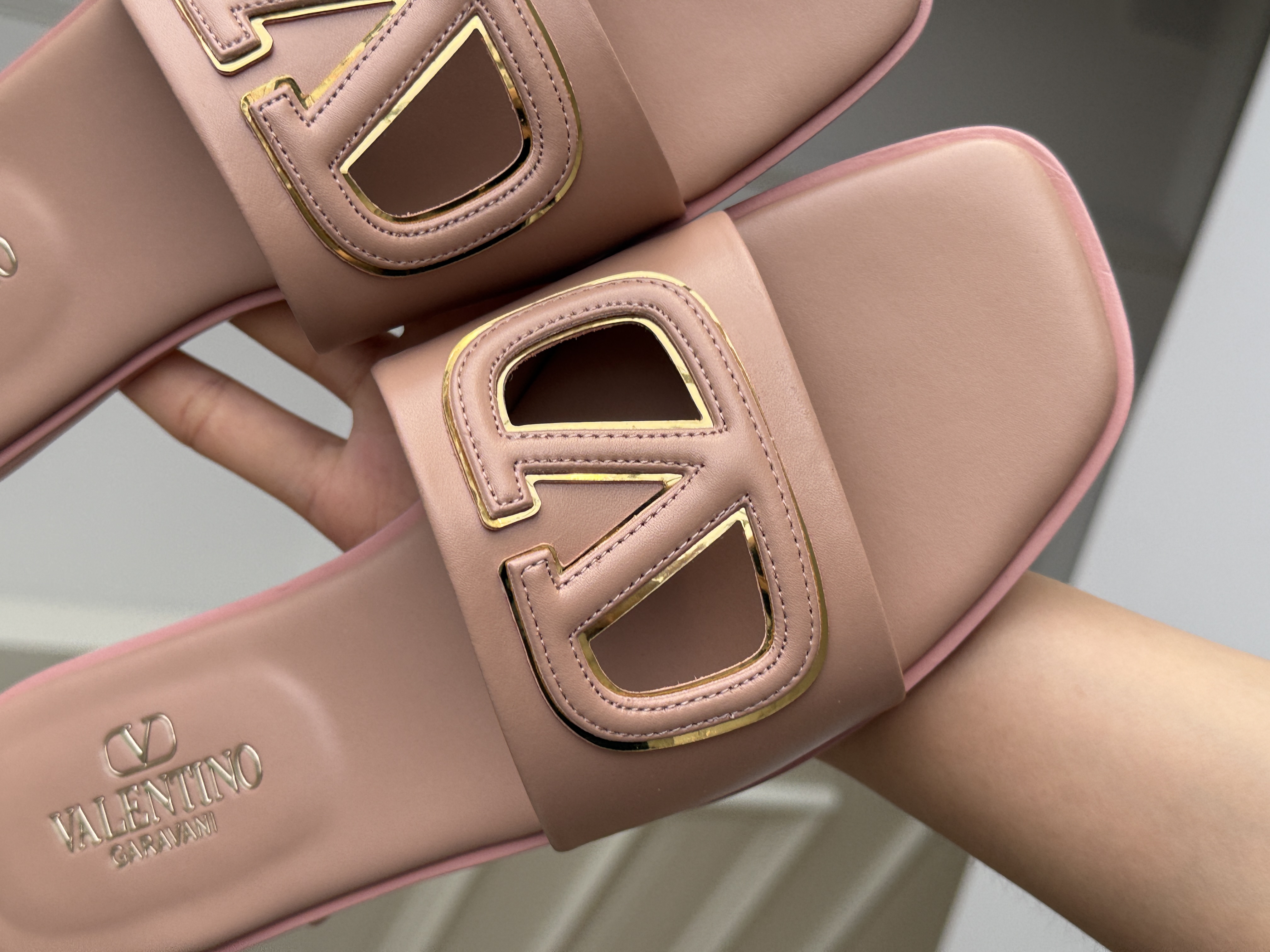 Valentino Nude Pink VLogo Cutout Leather Flat Slide Sandals