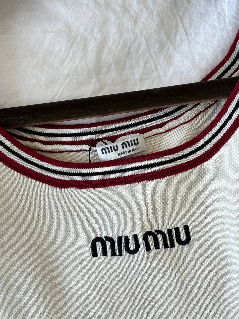 Miu Miu Cream Striped Trim Letter Embroidery Knit Cami Top & High Waist Pleated Skirt Two Piece Set