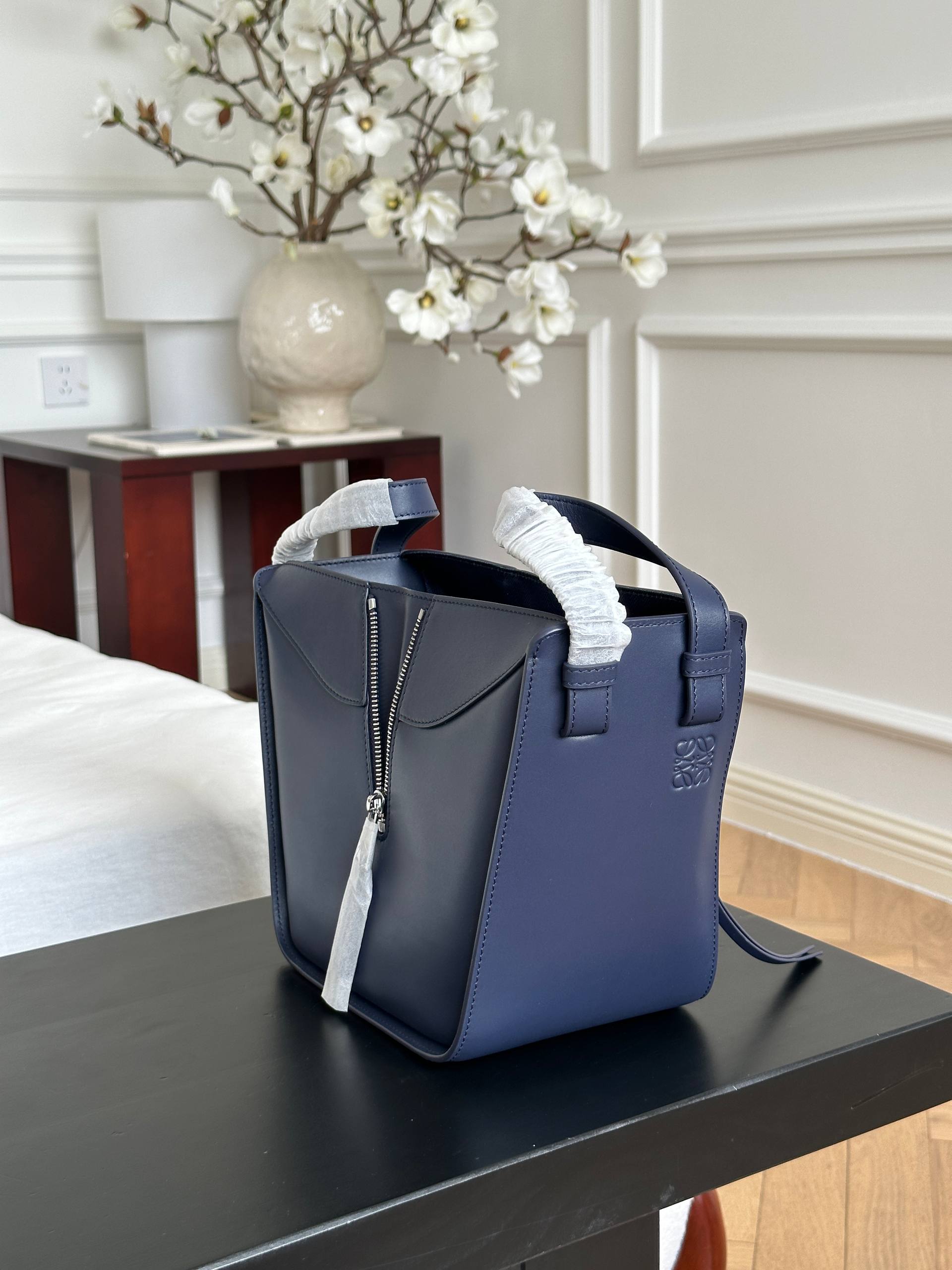 LOEWE Small Hammock Dark Navy Smooth Leather Bag with Anagram Webbing Strap