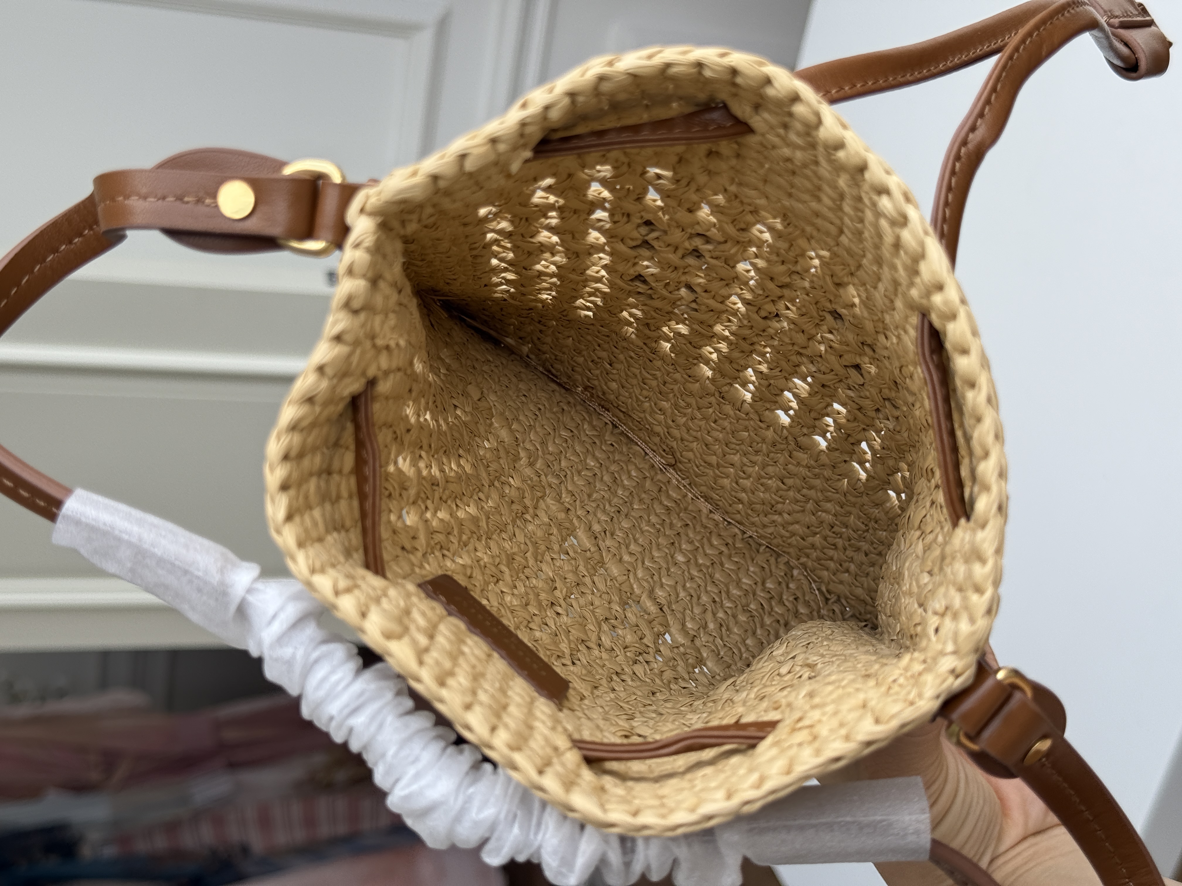 Miu Miu Beige Raffia Woven Drawstring Bucket Crossbody Bag