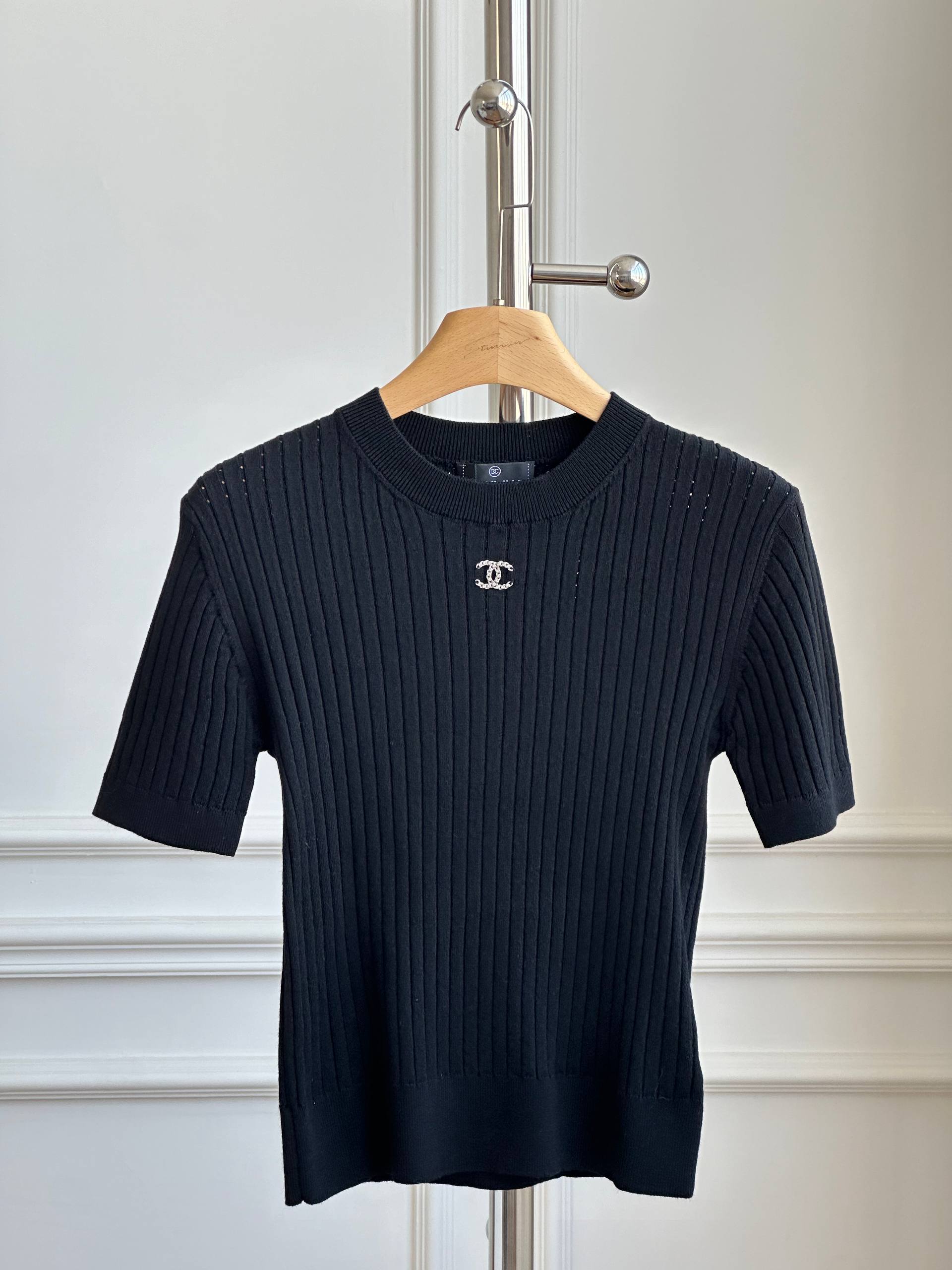 Chanel Ribbed Knit T-Shirt with Crystal CC Logo