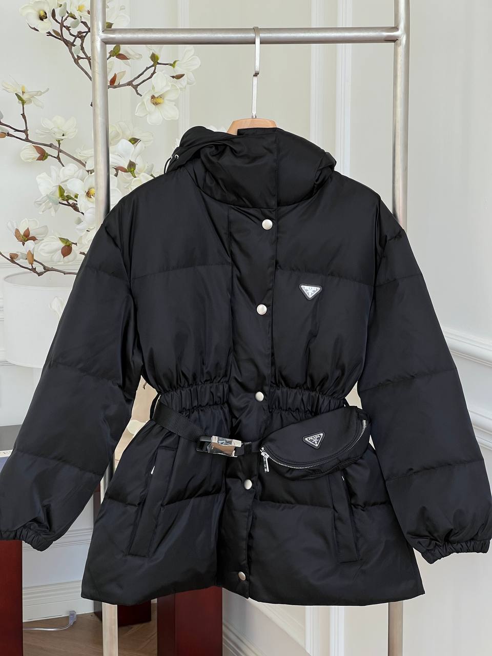 Prada Black Nylon Hooded Waist-cinched Down Coat With Matching Belt Bag