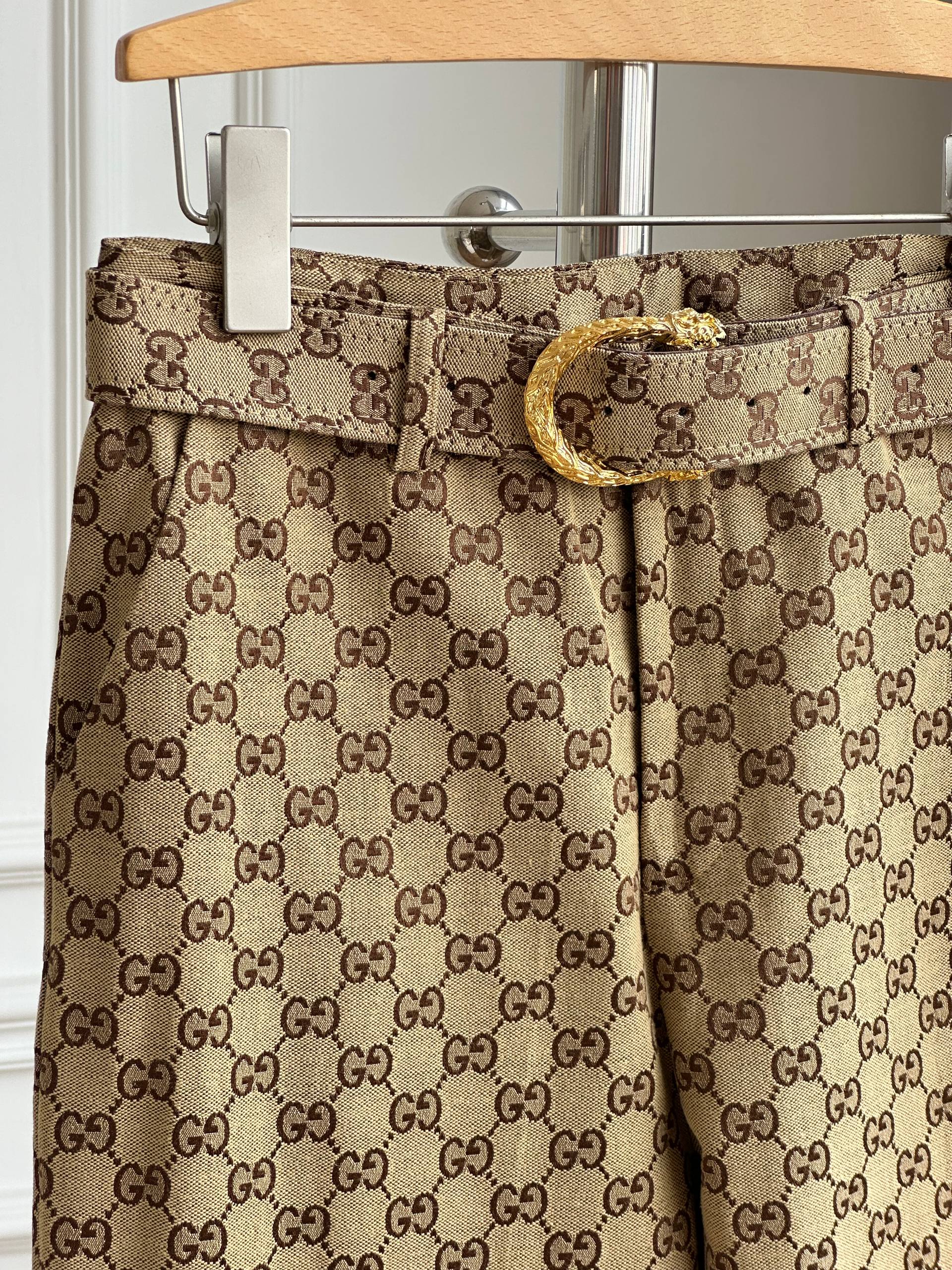 Gucci GG Monogram Belted Wide Leg Trousers