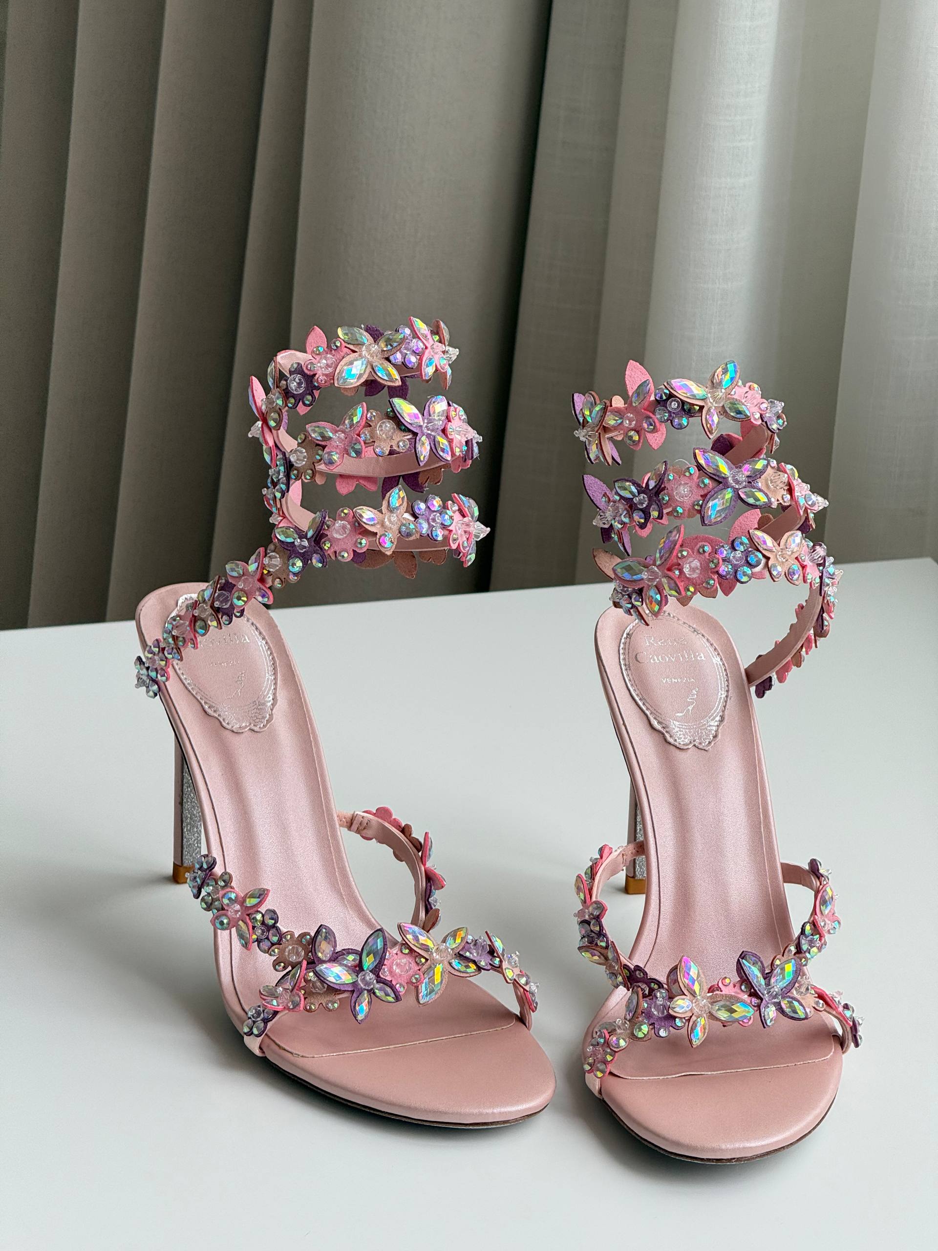 Rene Caovilla Iridescent Crystal Butterfly Wrap-Around Ankle Strap High Heel Sandals