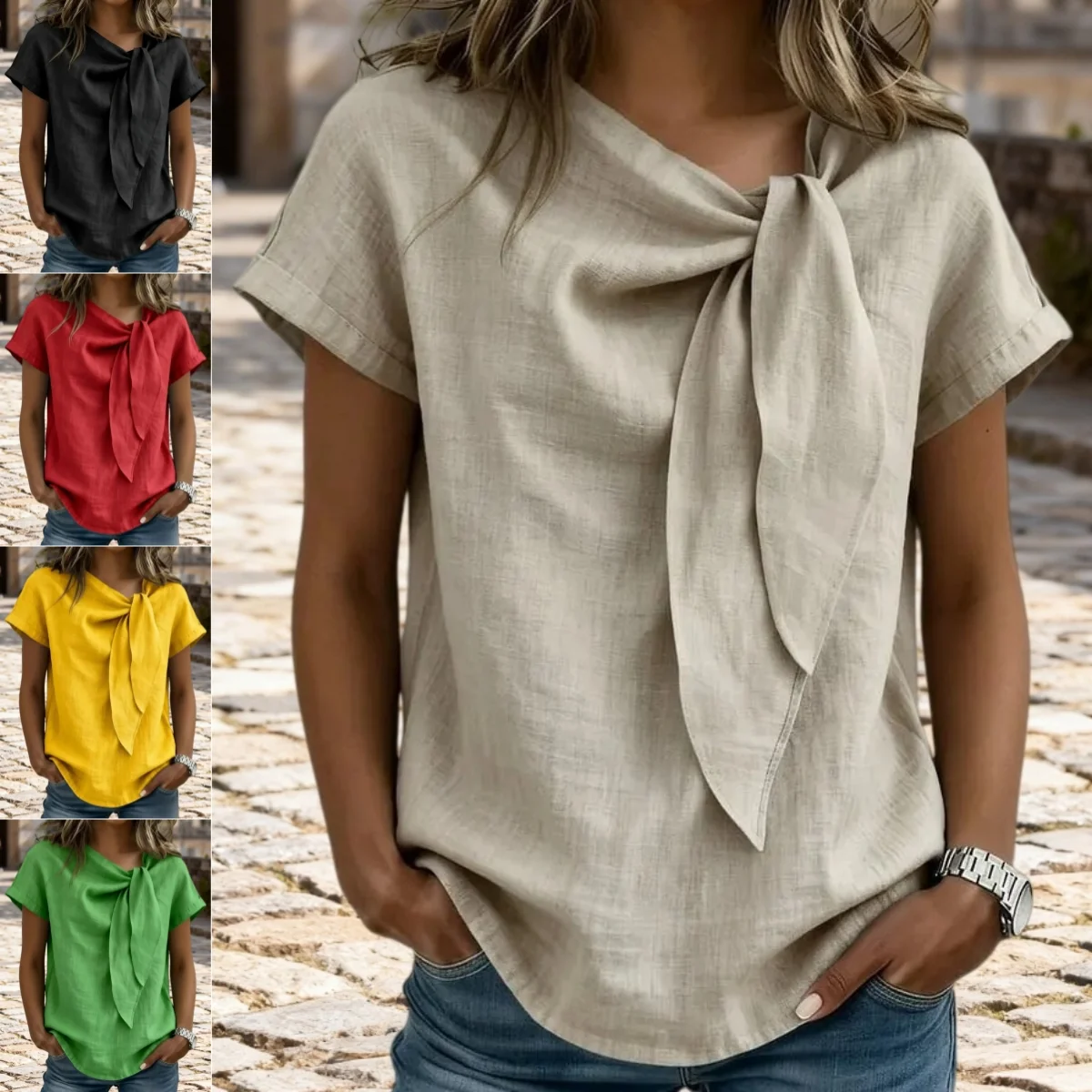 Chemisier Décontracté à Col Noué – T-shirt Élégant Manches Courtes