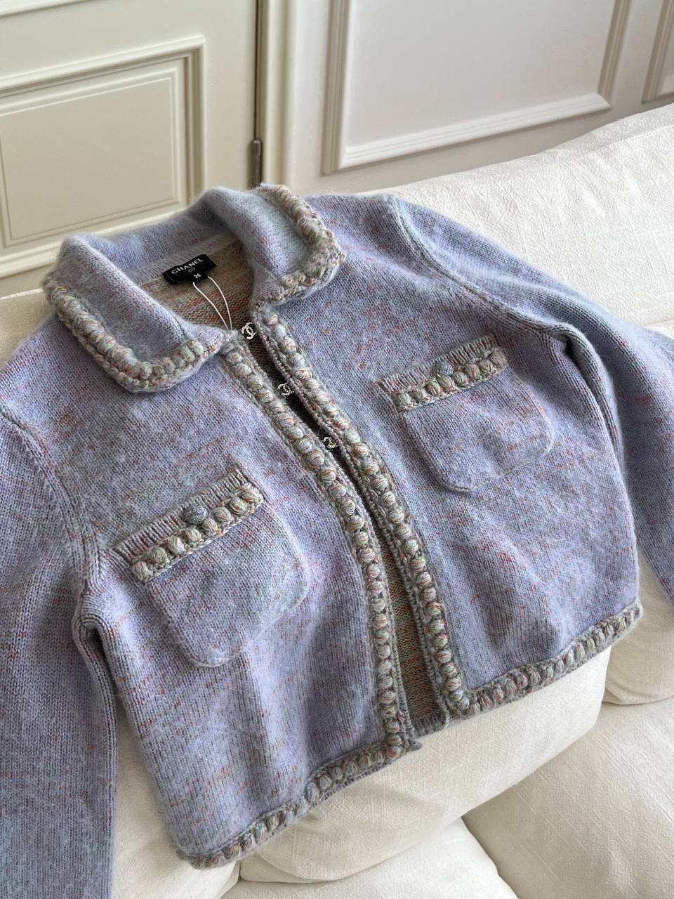 Chanel Lavender Heather Wool Lapel Knit Cardigan With Multicolor Braid Trim & CC Buttons