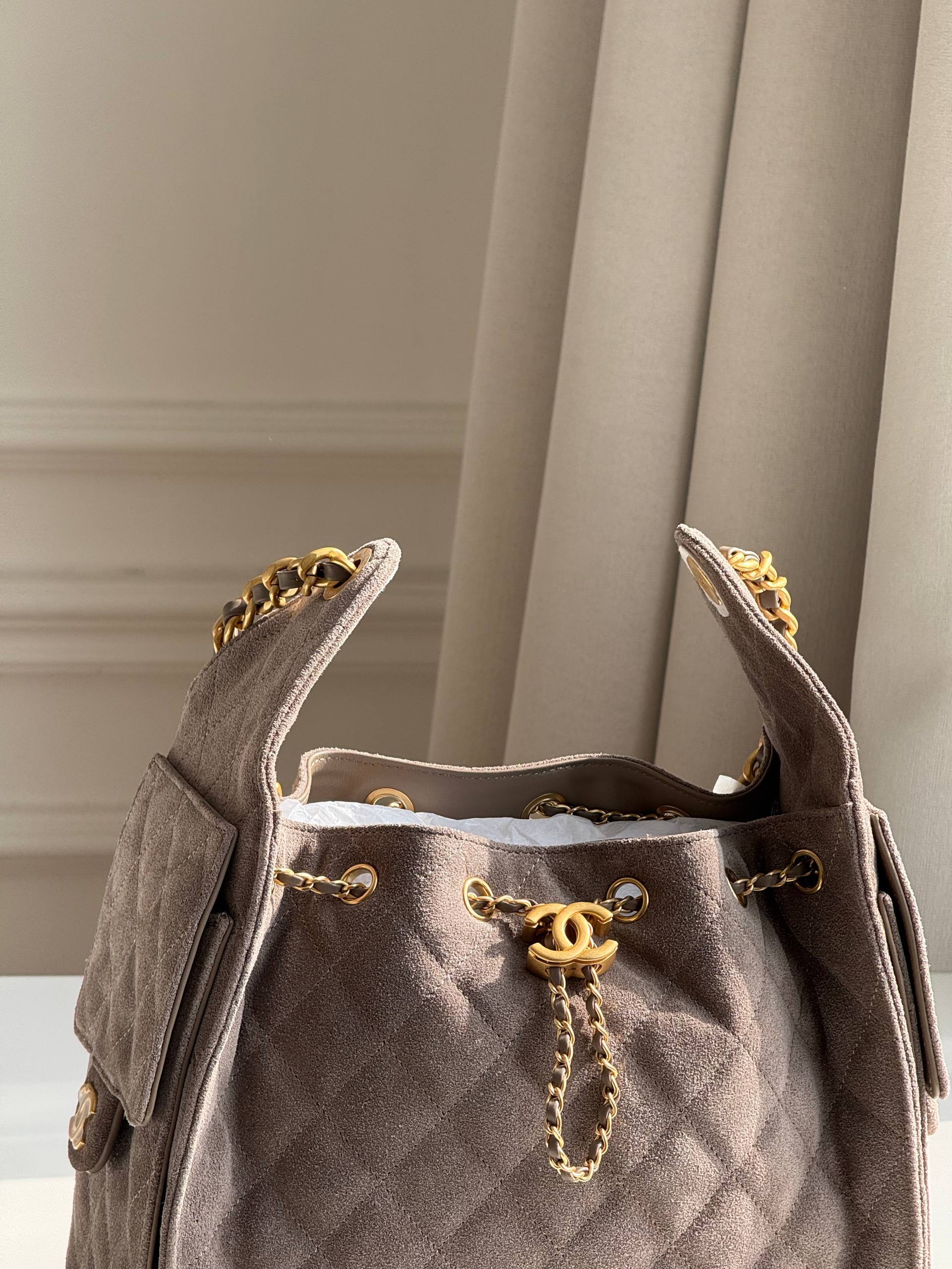 Chanel 25C Suede Quilted Drawstring Hobo Bag