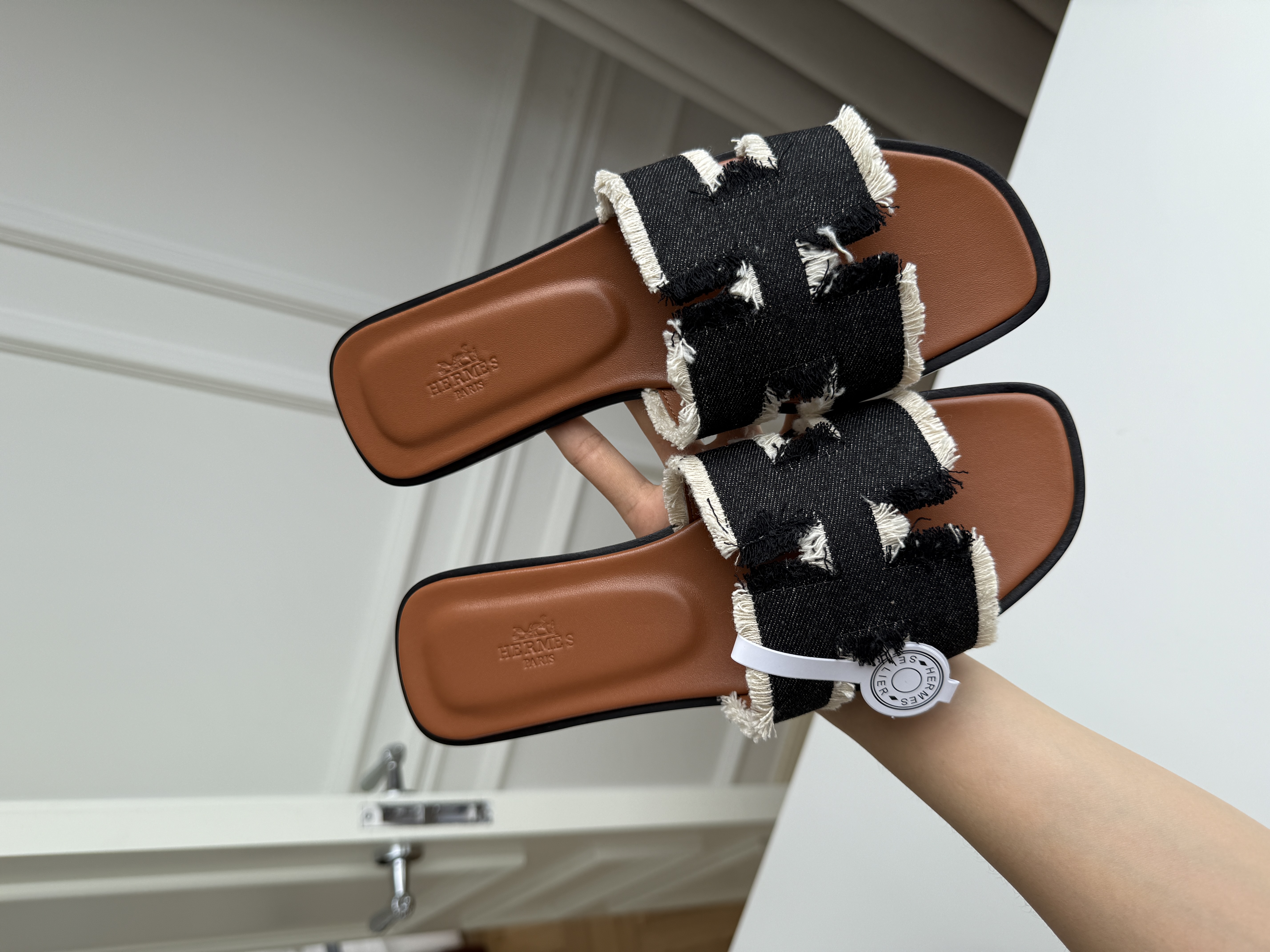 Hermès Black Fringe Denim H Cutout Flat Slide Sandals