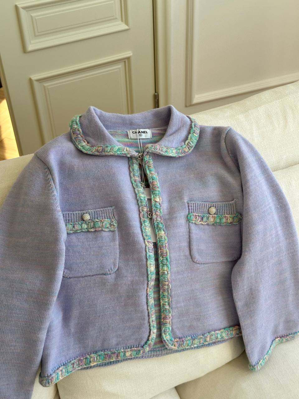 Chanel Lavender Knit Cropped Jacket With Multicolor Braided Trim