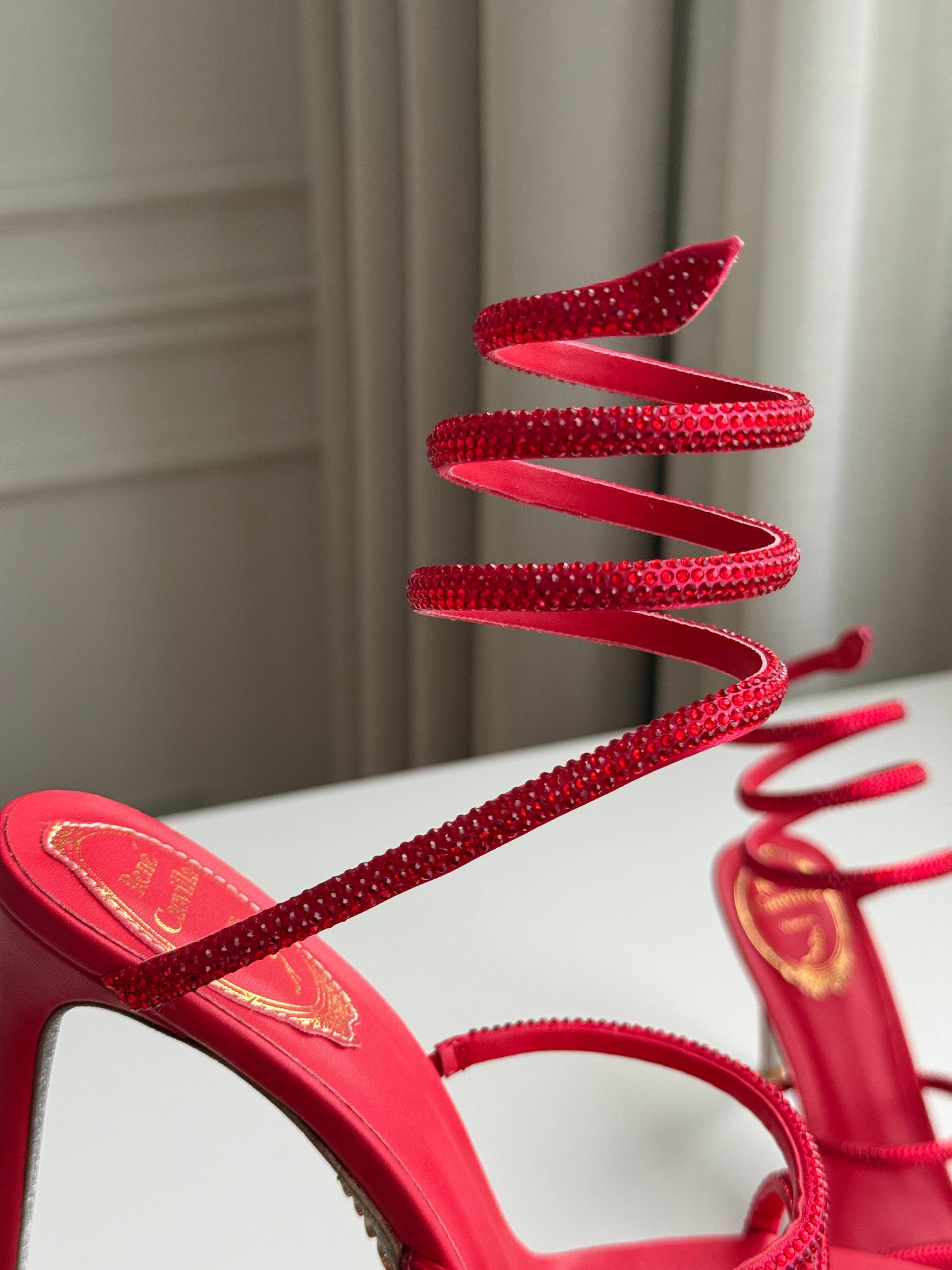 Bright Red Rhinestone Coiled Ankle Wrap Open Toe Stiletto Sandals