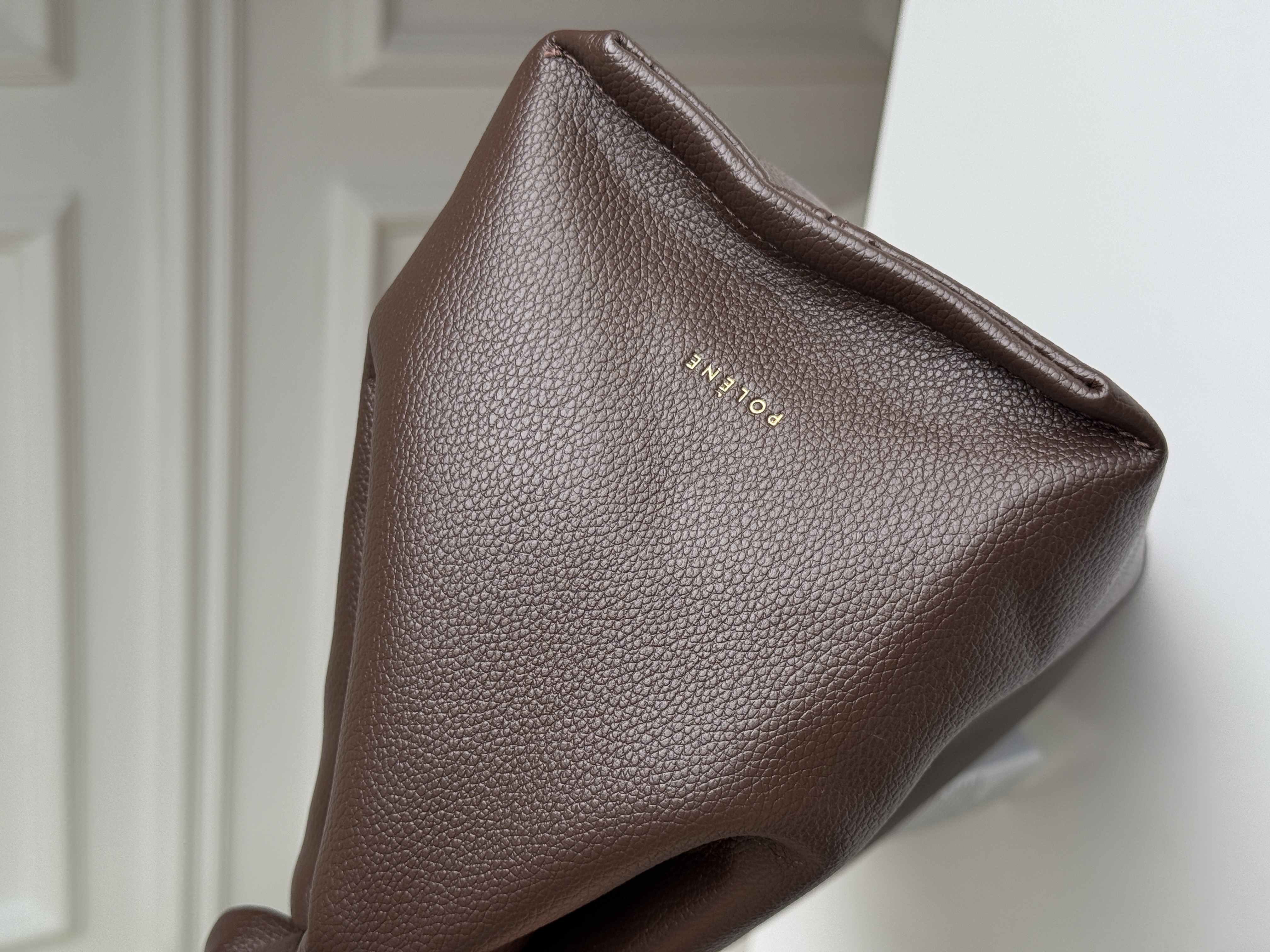 Dark Brown Pebbled Soft Leather Ruched Tote Handbag