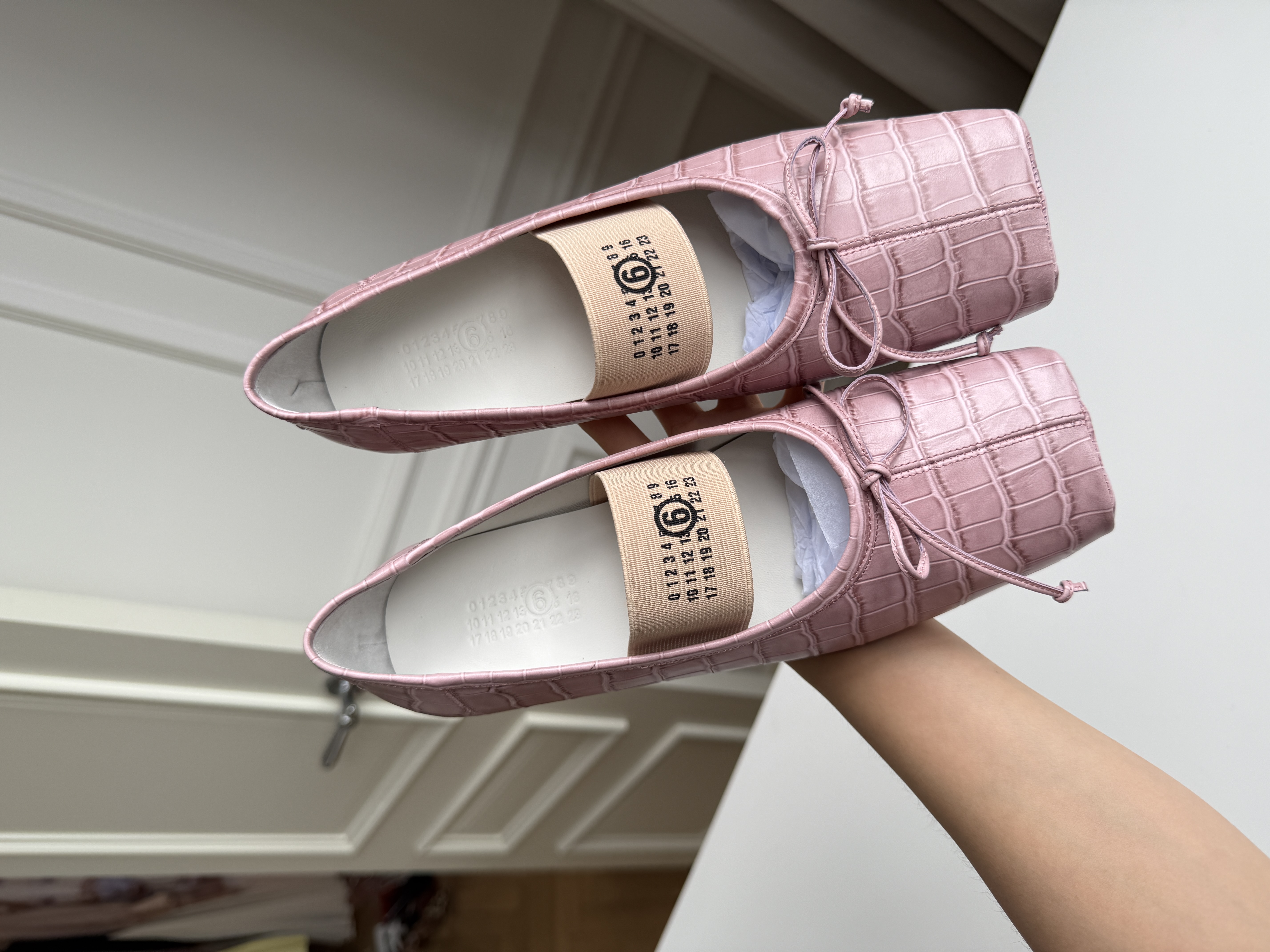 Miu Miu Dusty Pink Crocodile-Embossed Square-Toe Bow Ballet Flats