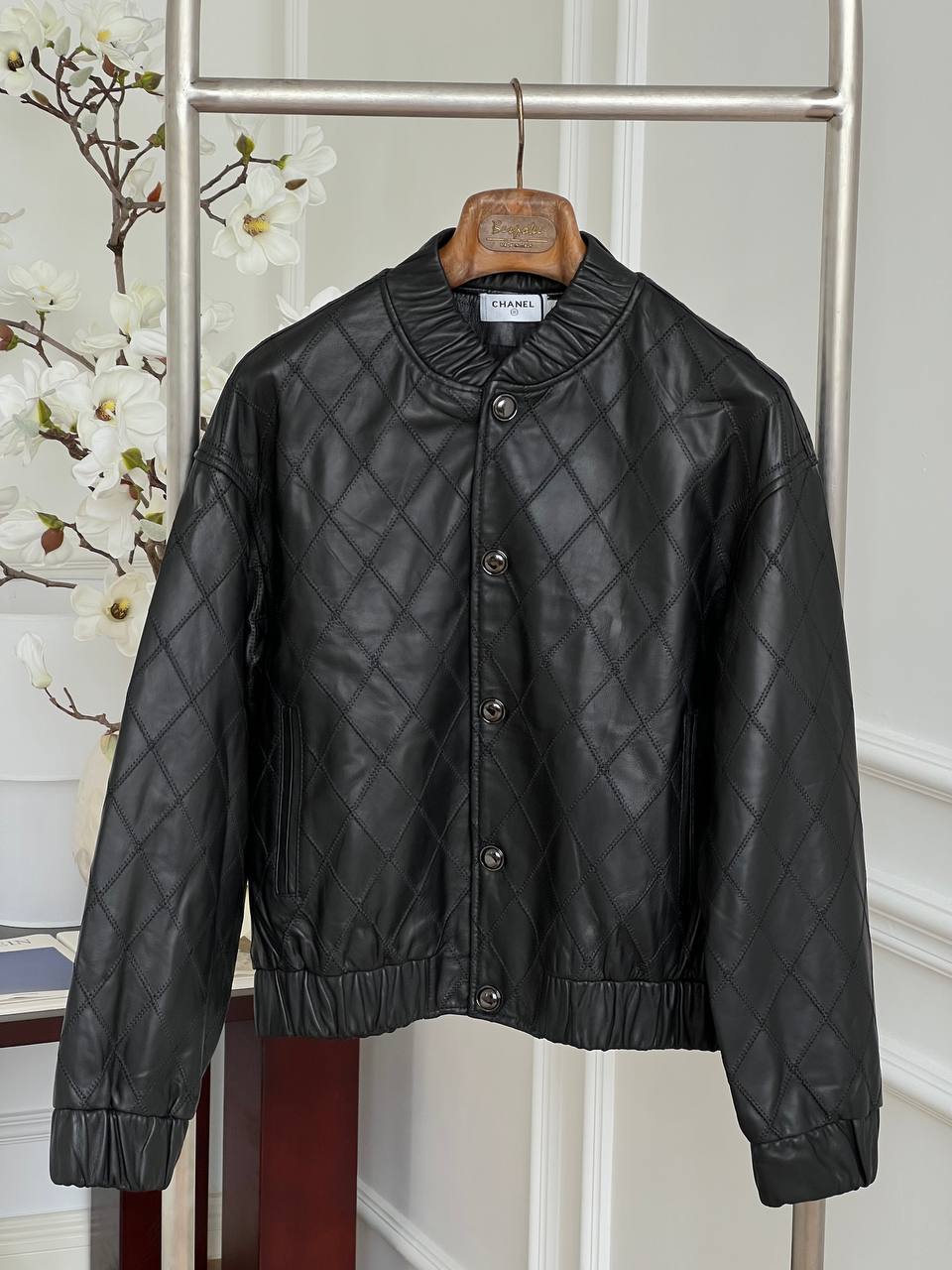 Chanel Black Smooth Calfskin Diamond Quilted Bomber Leather Jacket