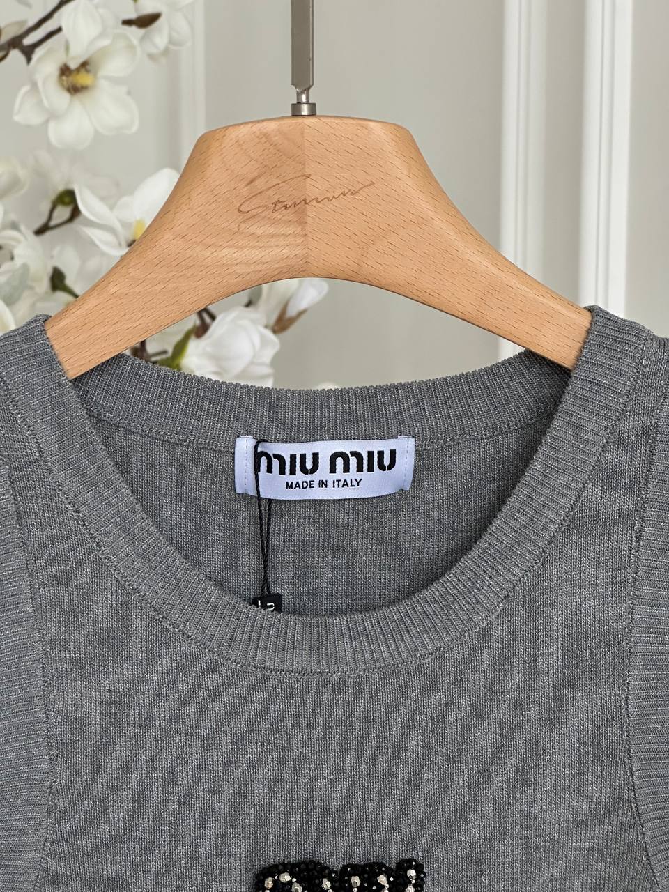 MIU MIU Rhinestone Beaded Logo Slim Crew Neck Knit Tank Top