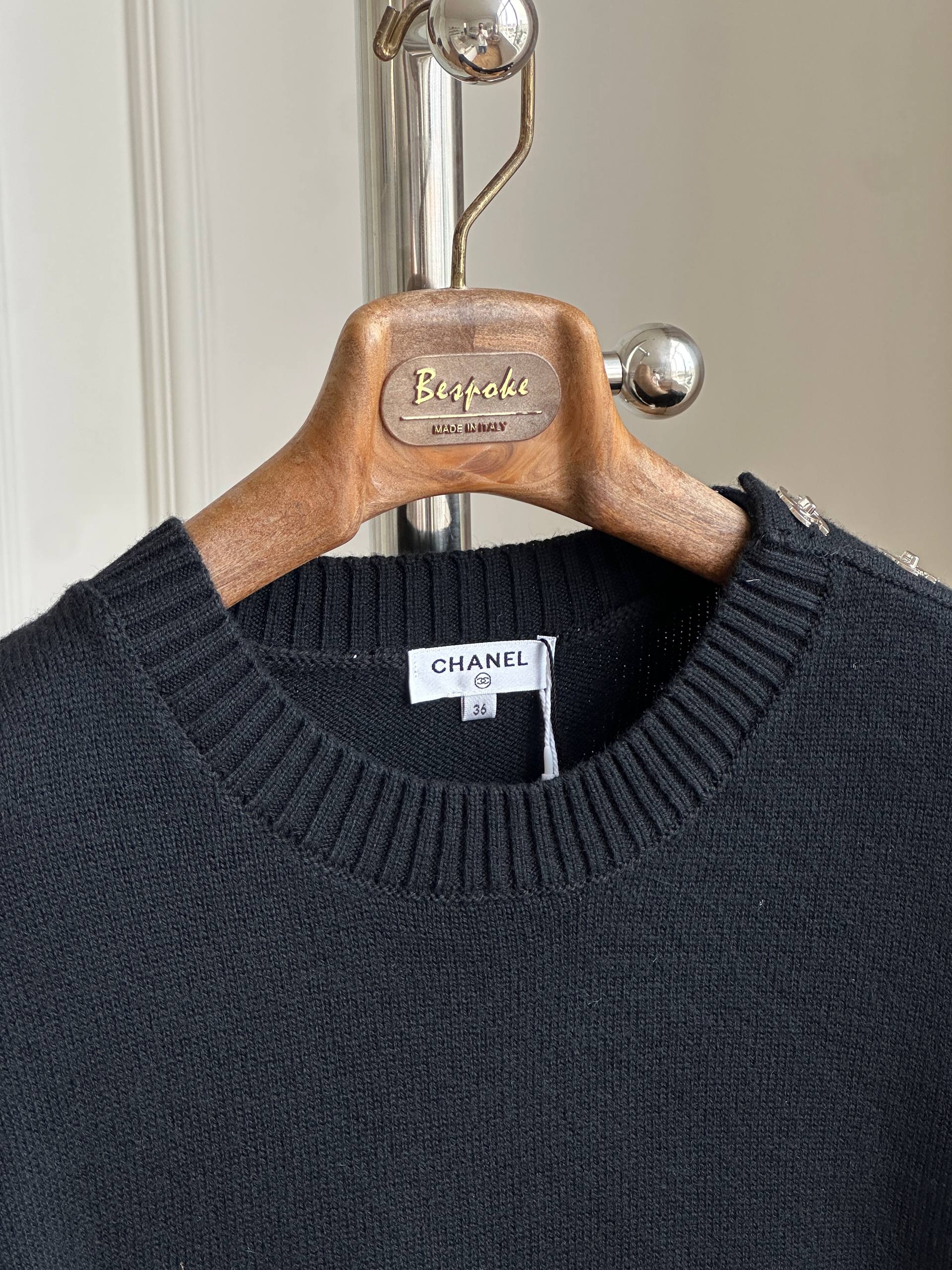 Chanel Black Crew Neck Shoulder Button Wool Knit Sweater