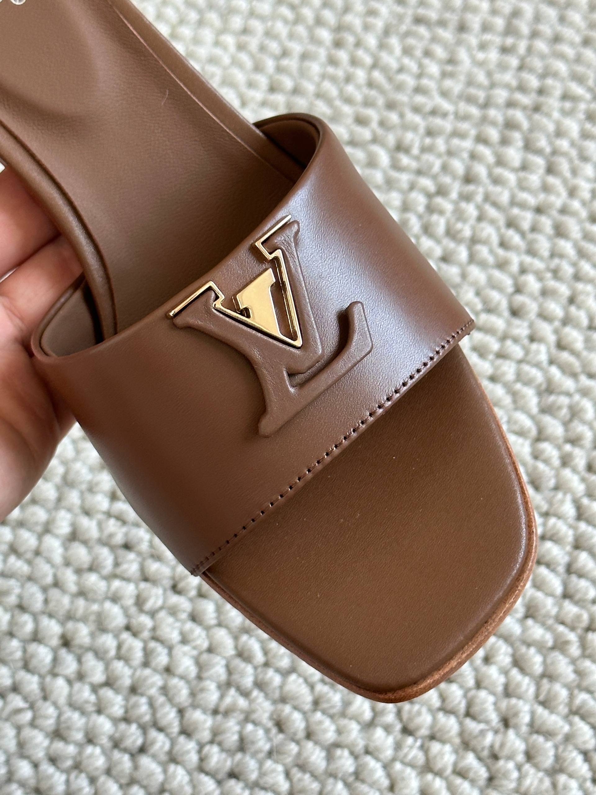 Louis Vuitton Dark Brown Calf Leather LV Logo Block Heel Mules
