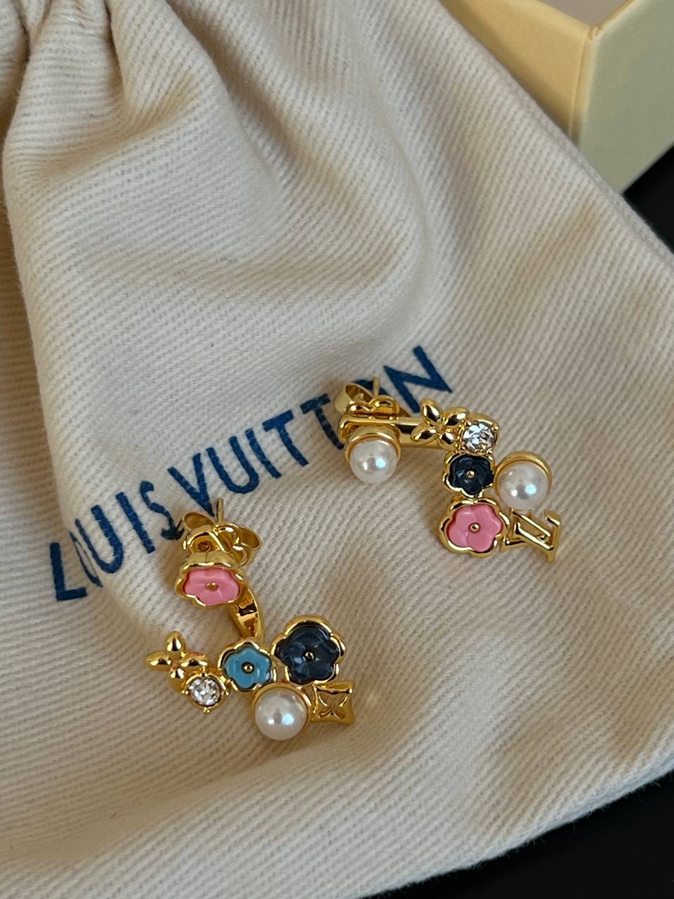Louis Vuitton Gold Metal Color Enamel Flower Pearl Crystal LV Logo Earrings
