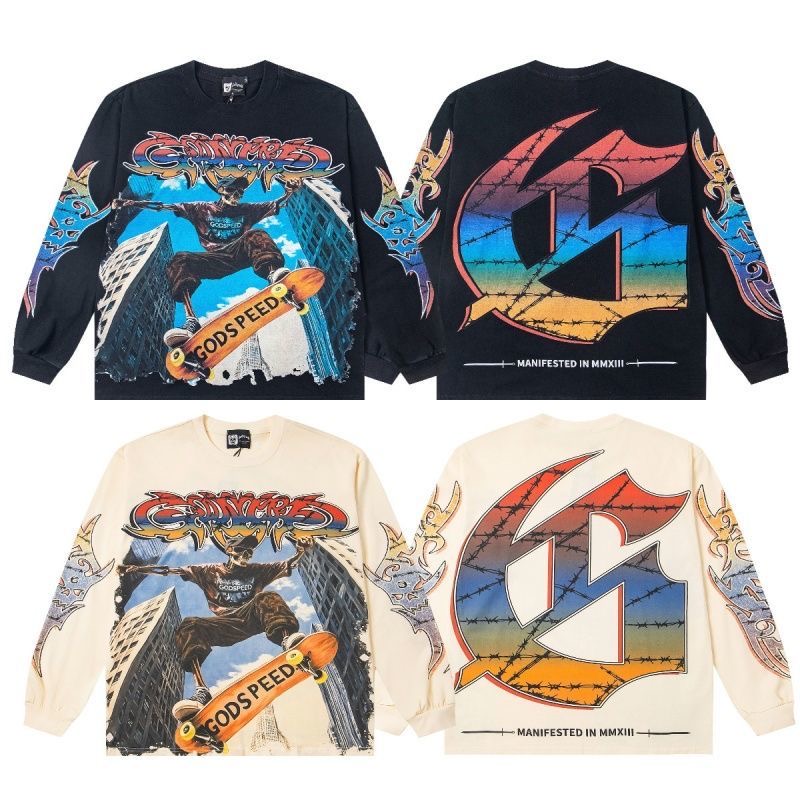 GodSpeed Street Skateboarding Skeleton Retro Printed Washed Outdated Loose Bottom Long Sleeve T-shirt 1,2