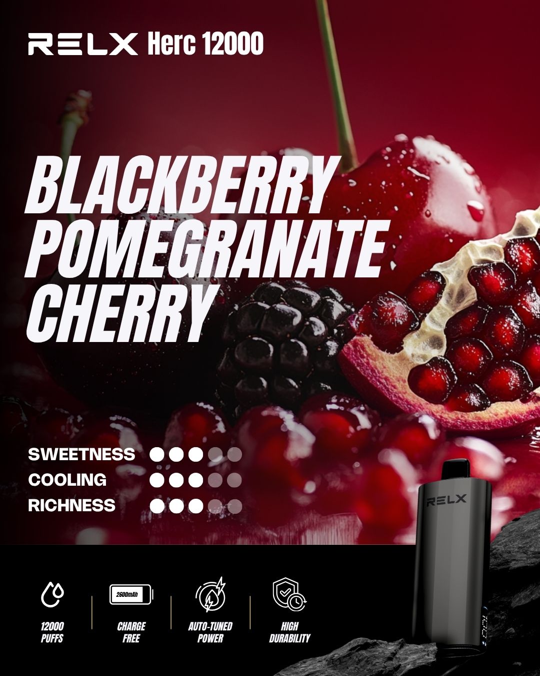 Relx Herc 12000 Puffs-BLACKBERRY POMEGRANATE CHERRY