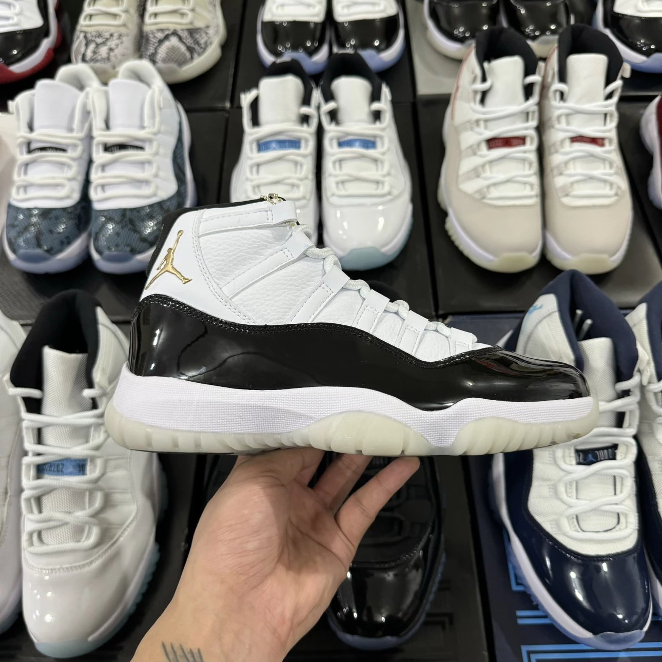 Air Jordan 11 Retro High Black white with Golden Logo