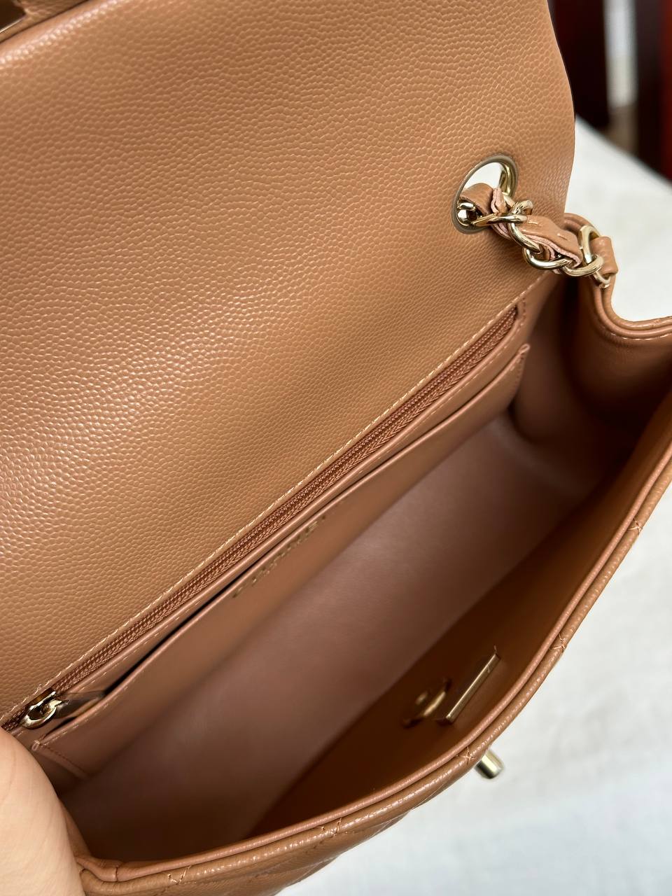 Chanel Milk Tea Caviar Leather Classic Flap Medium Light Gold Hardware Bag