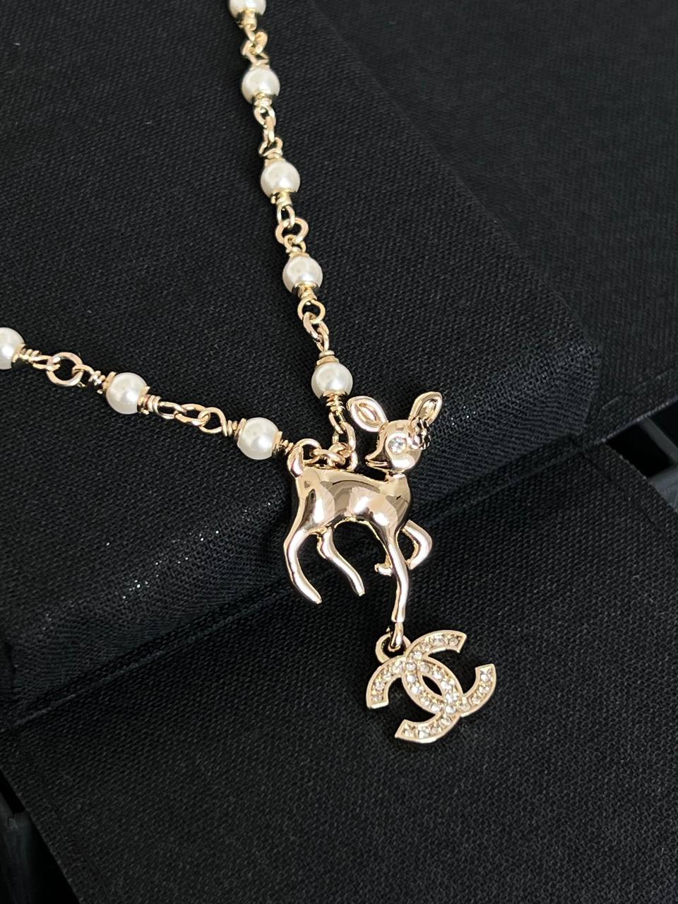 Chanel Light Gold Pearl Chain Bambi Crystal Interlocking CC Pendant Necklace