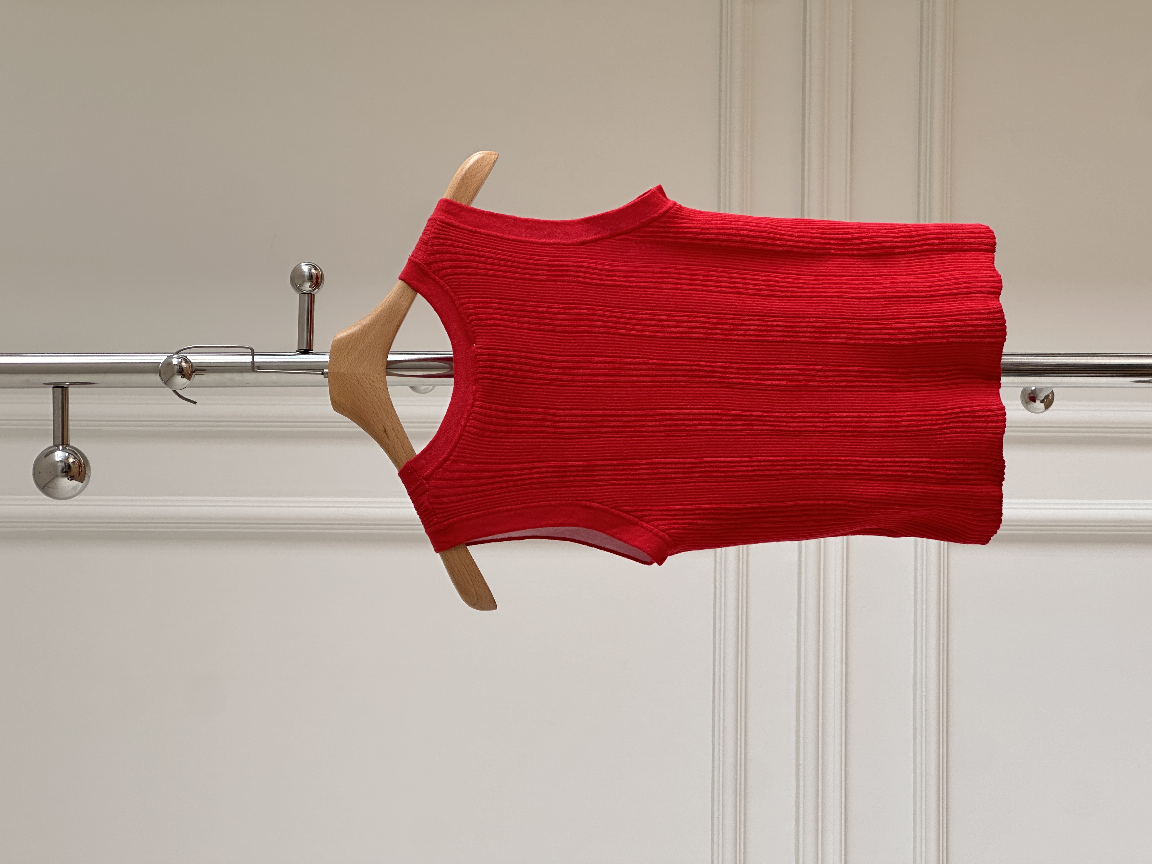 Chanel Bright Red Crew Neck Vertical Ribbed CC Logo Slim Knit Tank Top