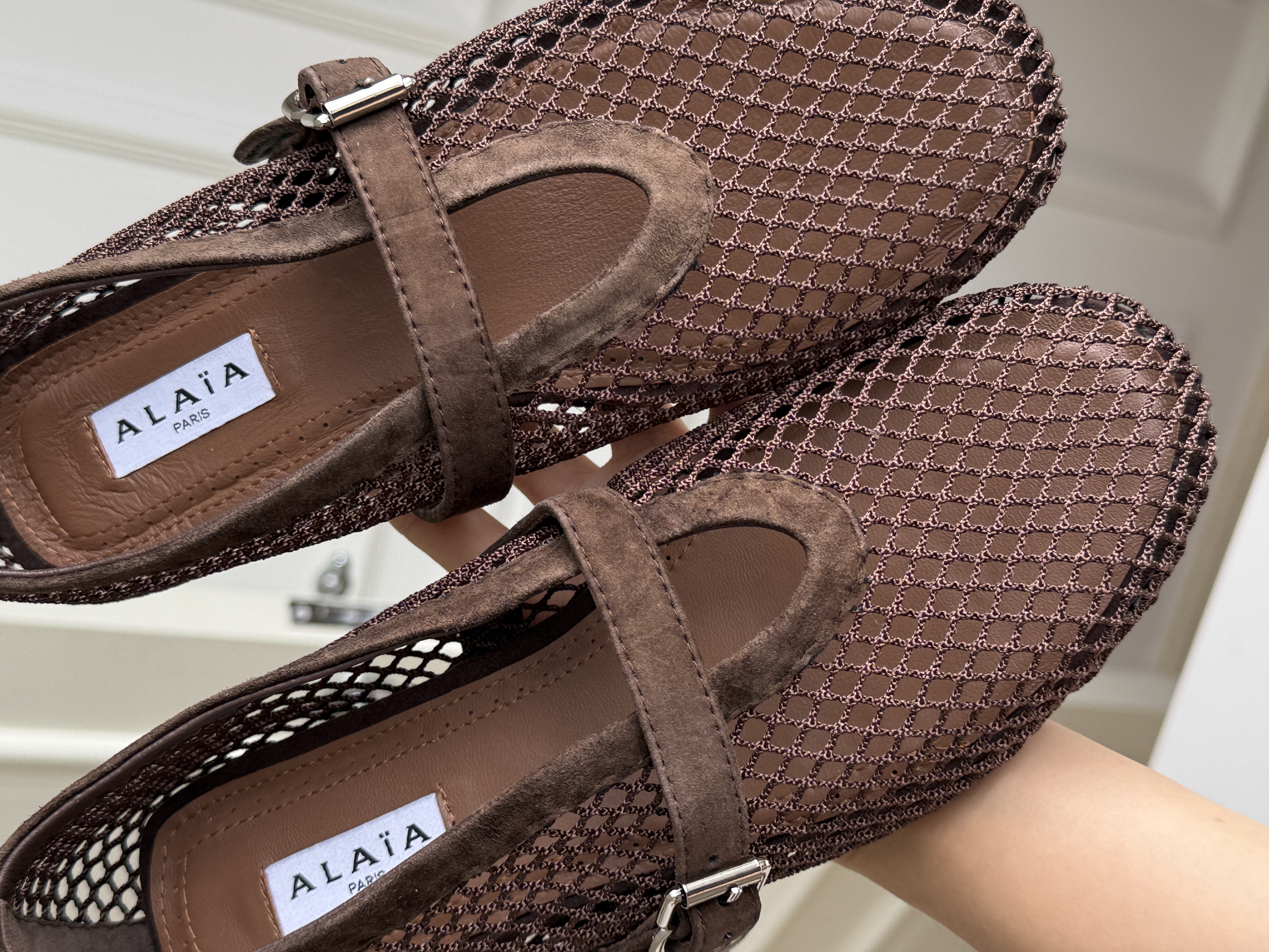 Brown Mesh Pointed-Toe Buckle Strap Flat Mary Janes