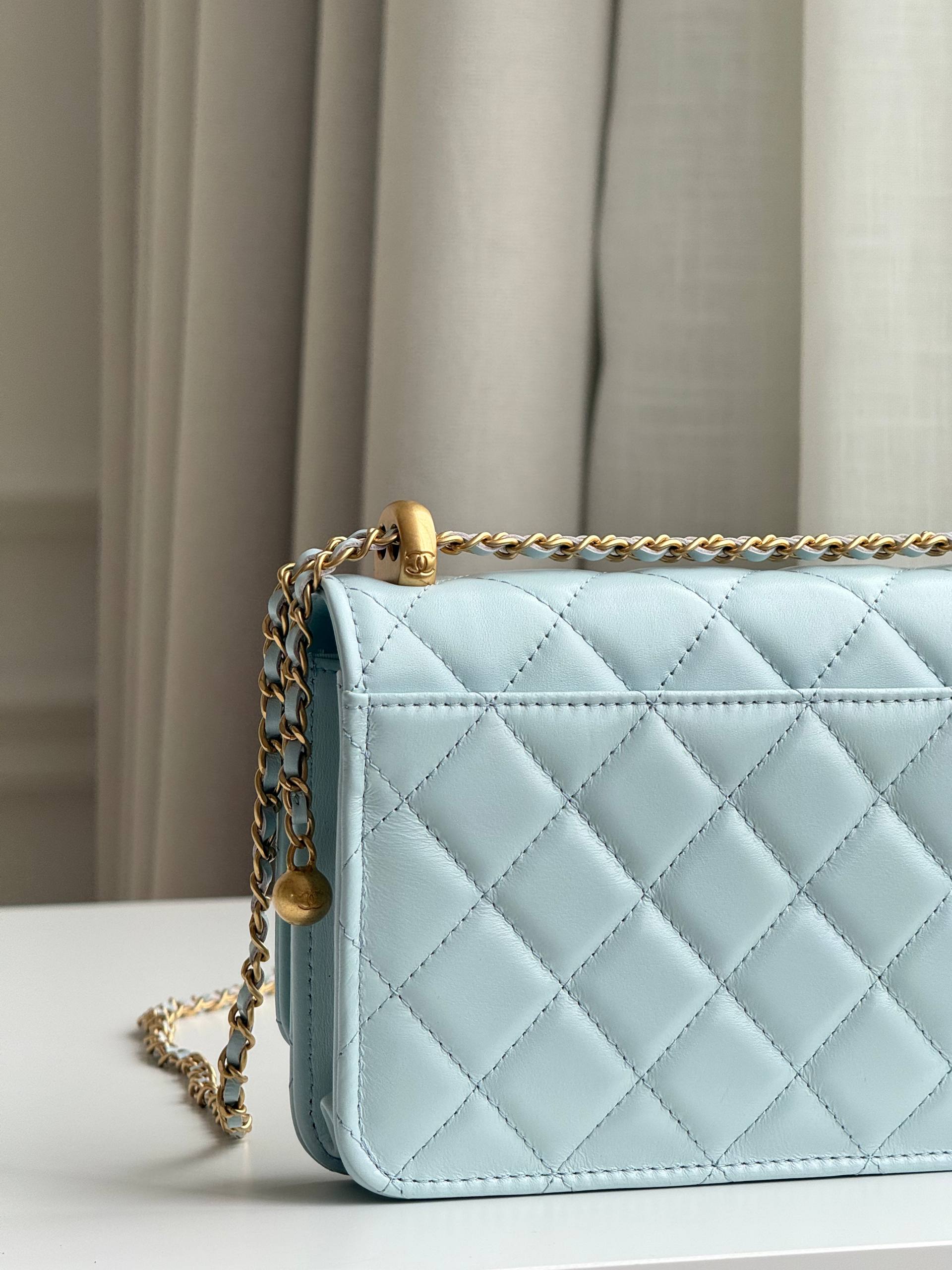 Chanel Pale Blue Lambskin Gold Bead Crossbody Bag