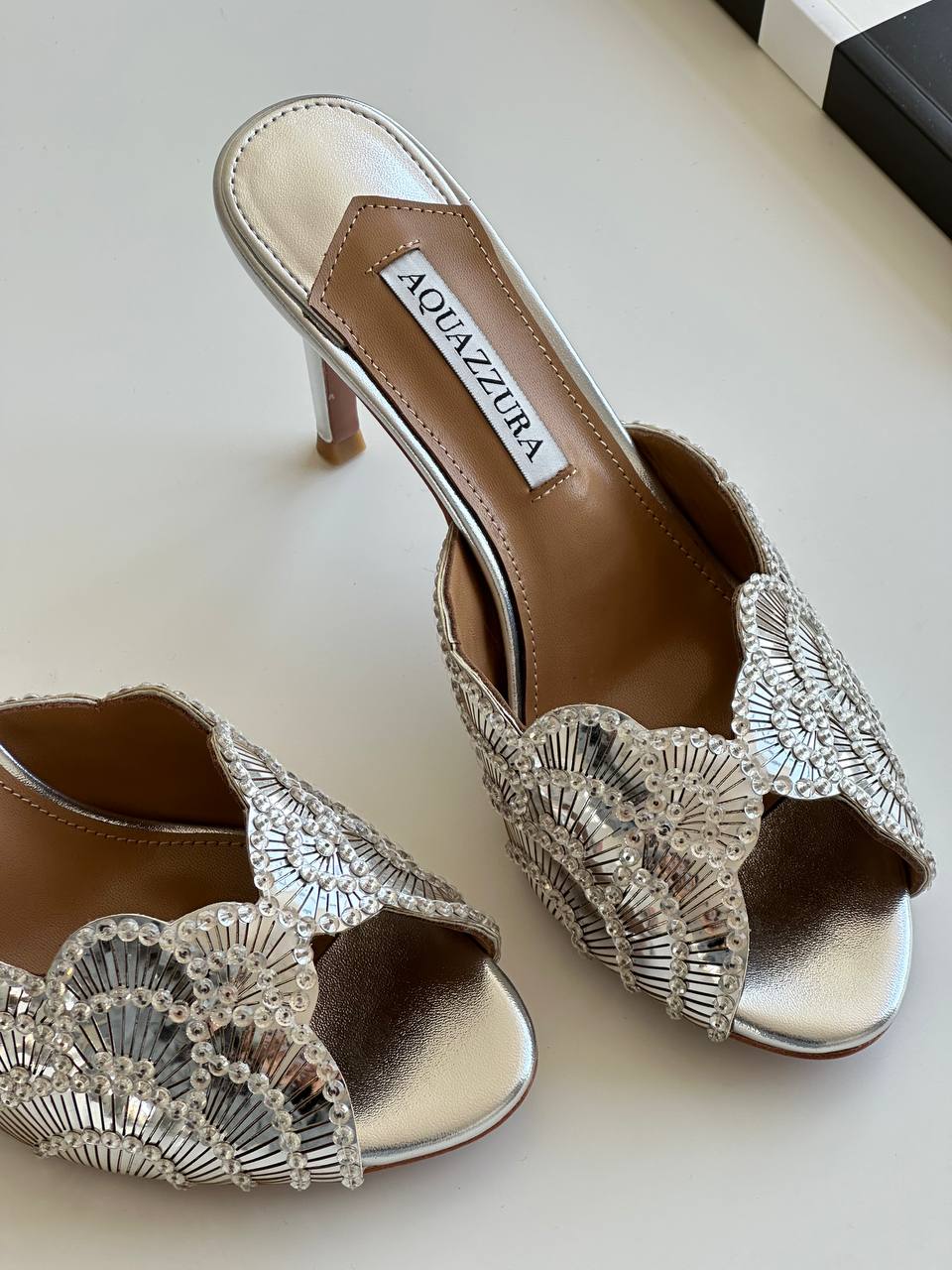 Aquazzura Silver Beaded Scalloped Open-Toe Stiletto Mules
