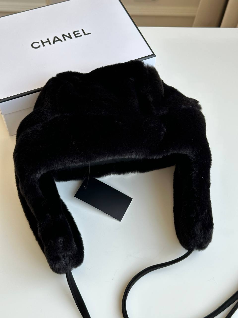 Chanel Black Faux Fur Trapper Hat With White Fur Interlocking CC Logo