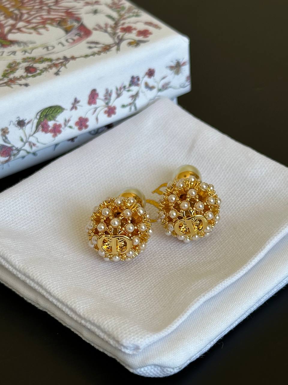Dior Vintage Gold Plated Firework Ball Pearl Embellished CD Logo Stud Earrings