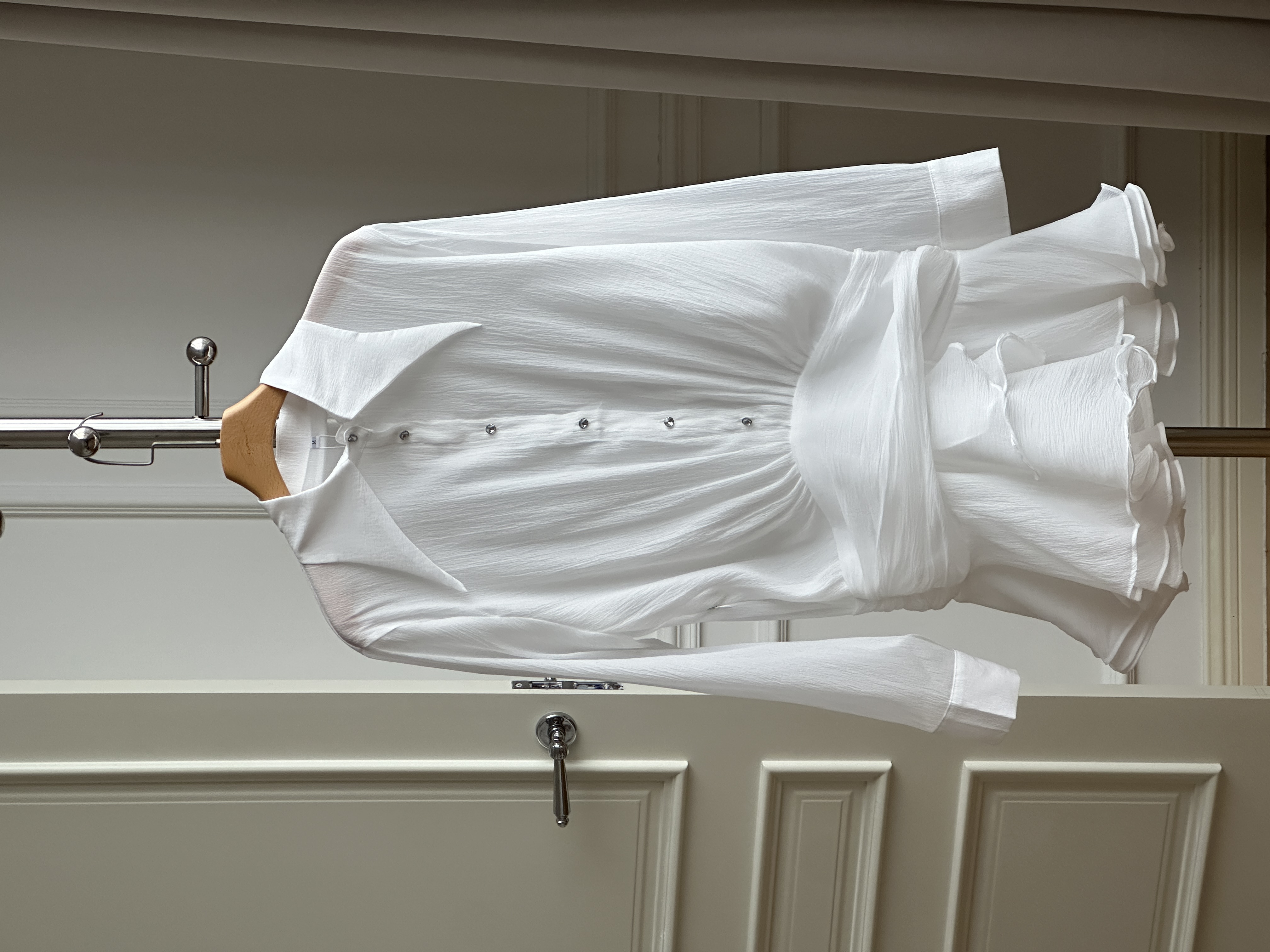 White Crinkled Texture Big Point Collar Waist Tie Ruffle Hem Shirt Mini Dress