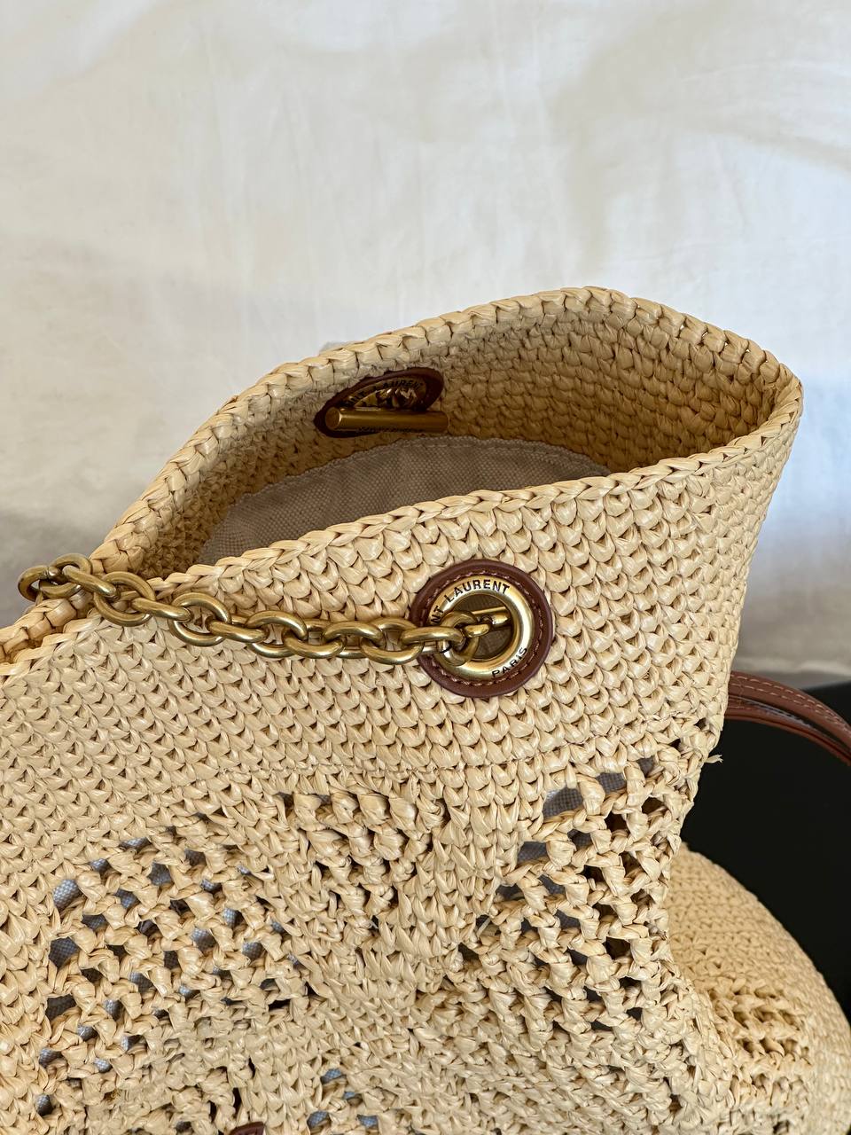 YSL Natural Raffia Hollow Weave Drawstring Chain Tote Straw Bag