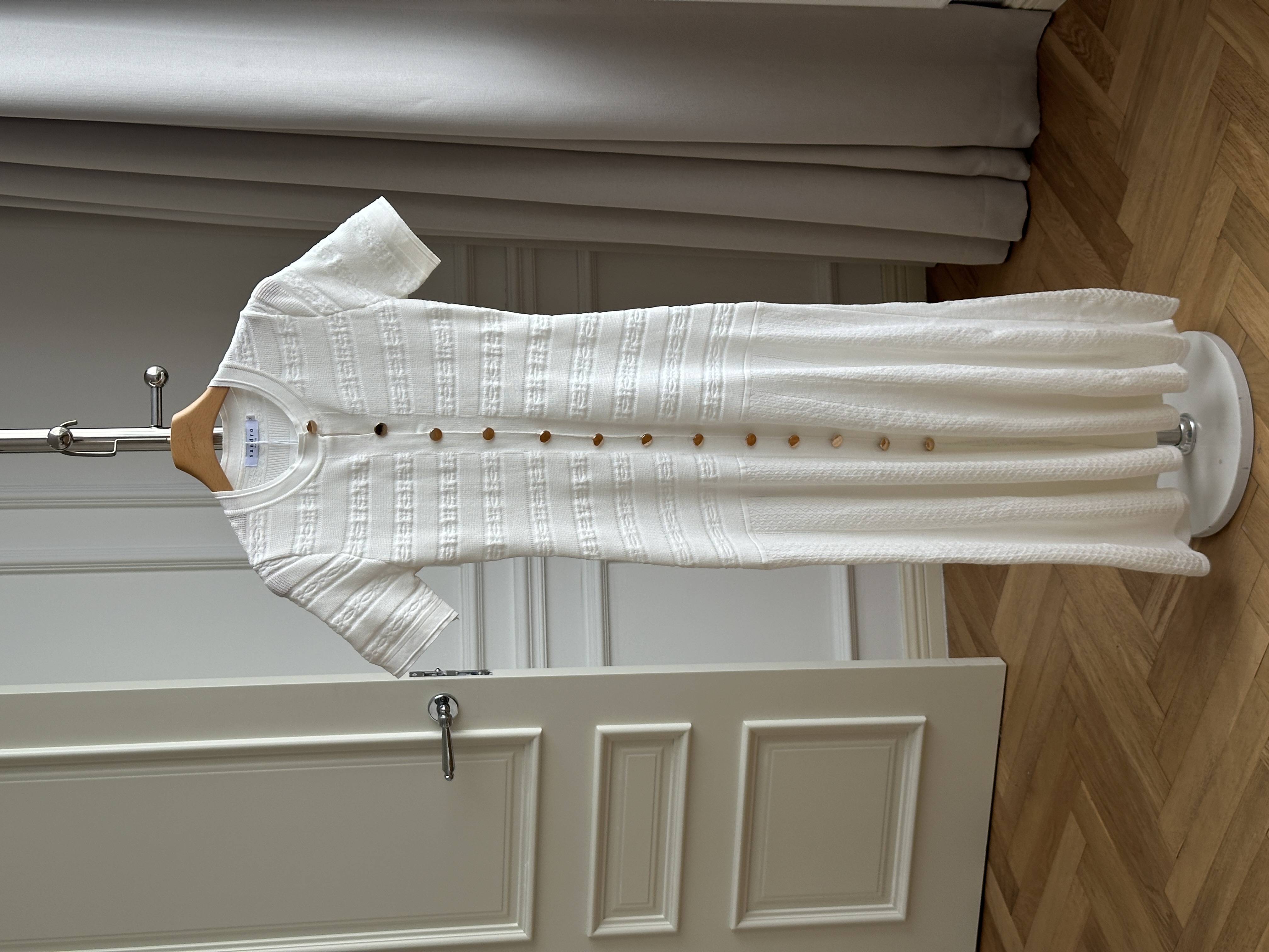 Sandro White Horizontal Jacquard Crew Neck Short-sleeve Knit Dress