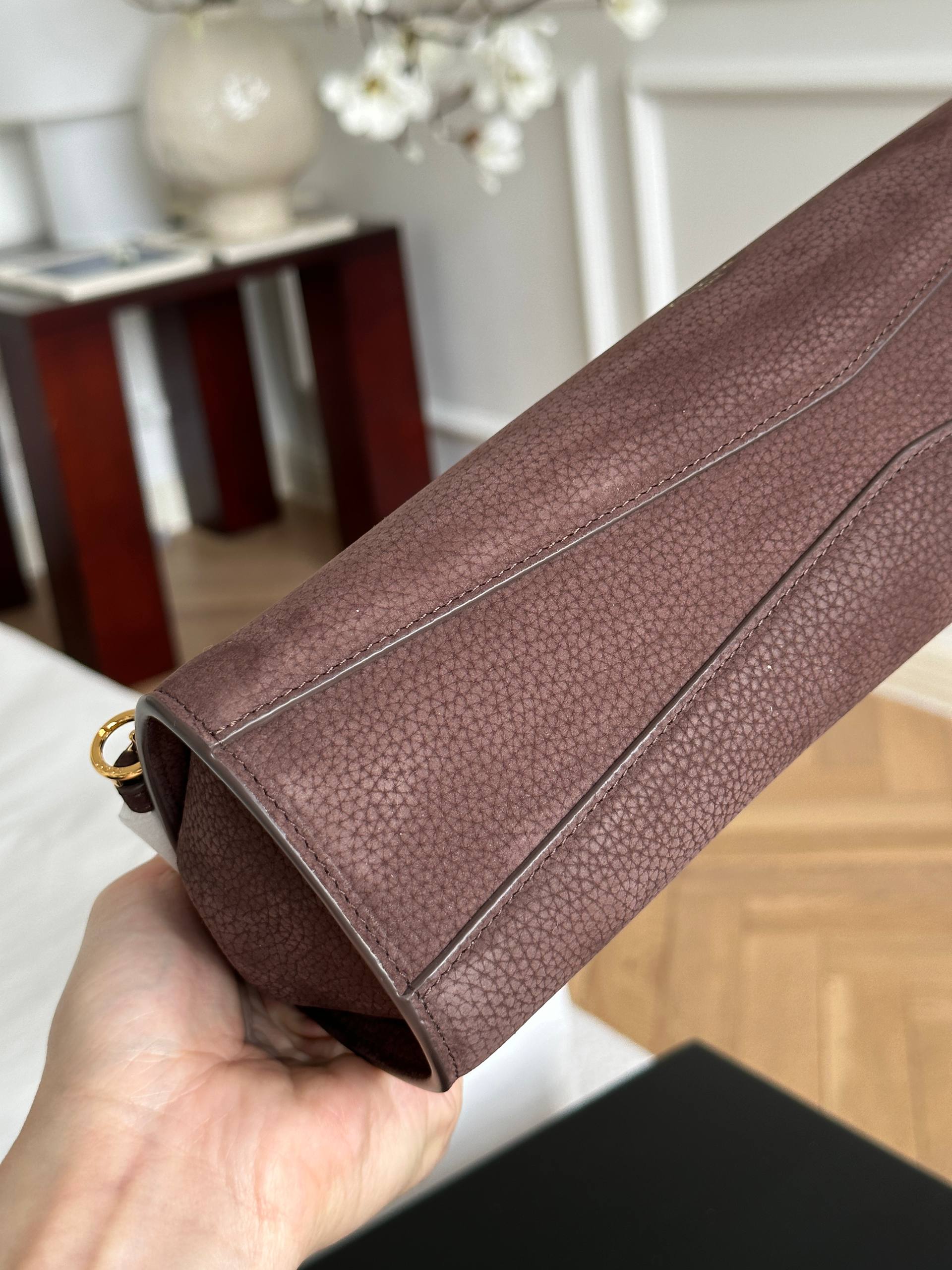 ALAIA Dark Brown Grained Leather Long Baguette Shoulder Bag