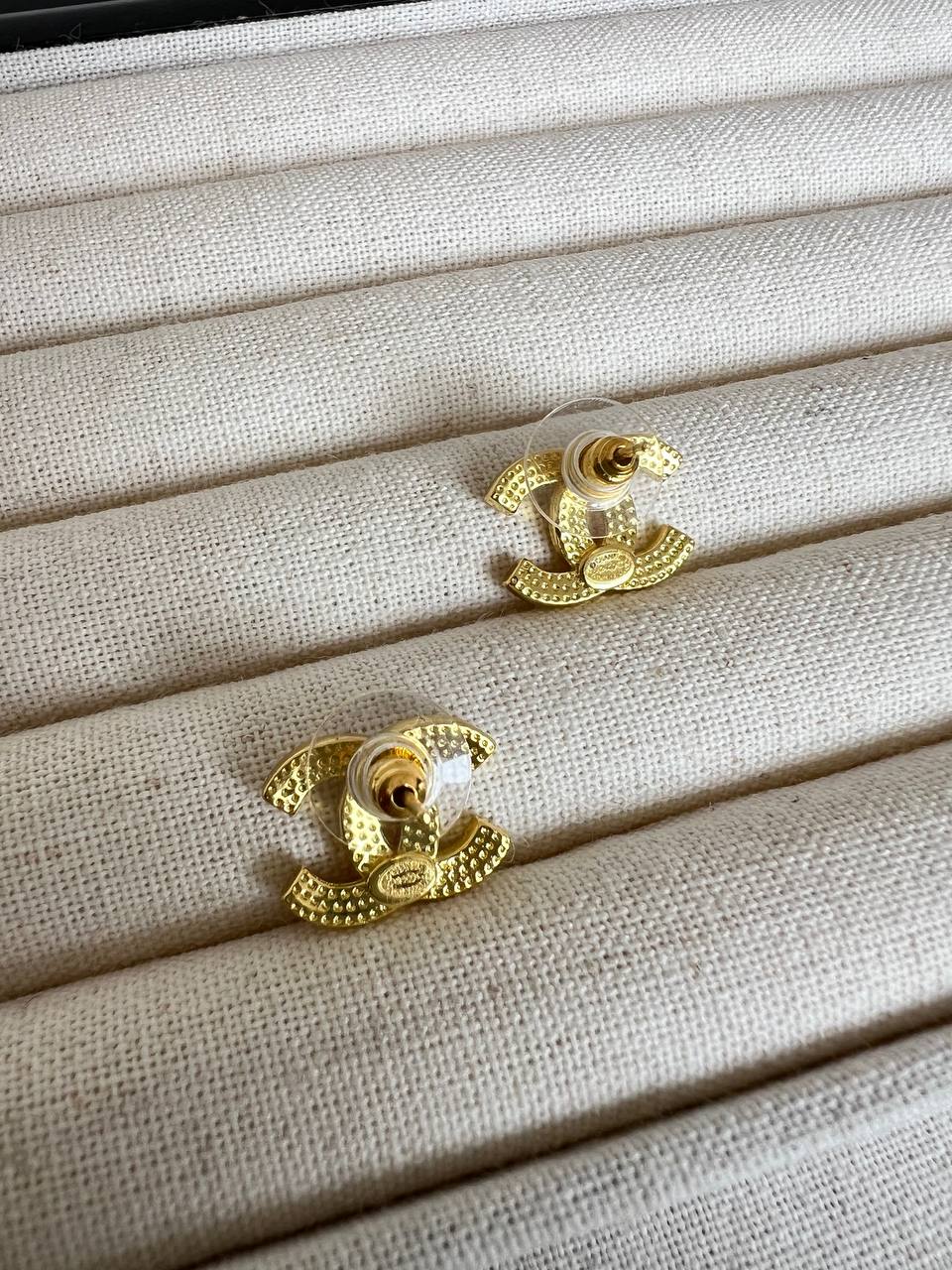 Chanel Light Gold Full Crystal Interlocking CC Stud Earrings