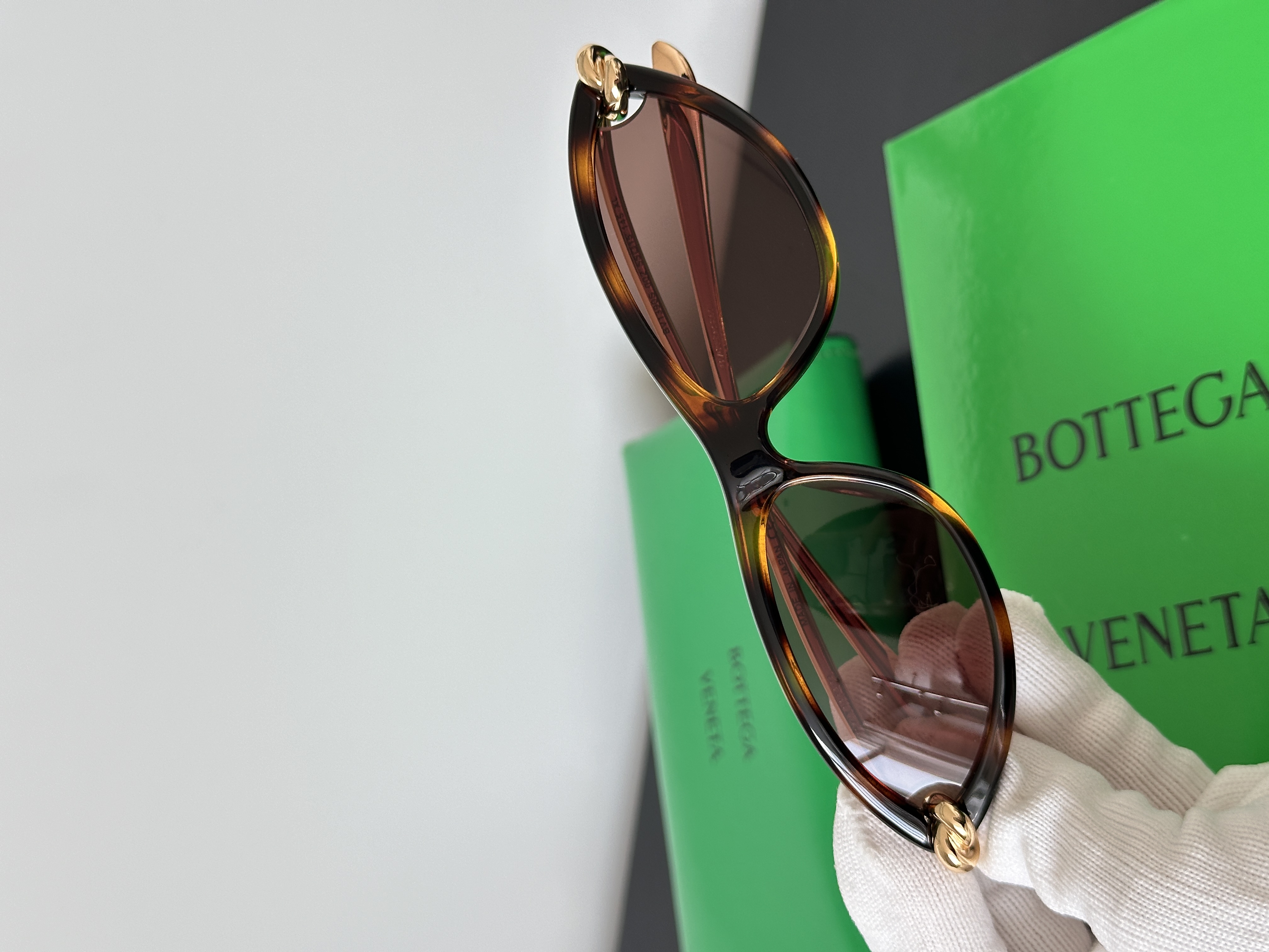 Bottega Veneta Twisted Metal Temple Tortoise Cat-Eye Sunglasses