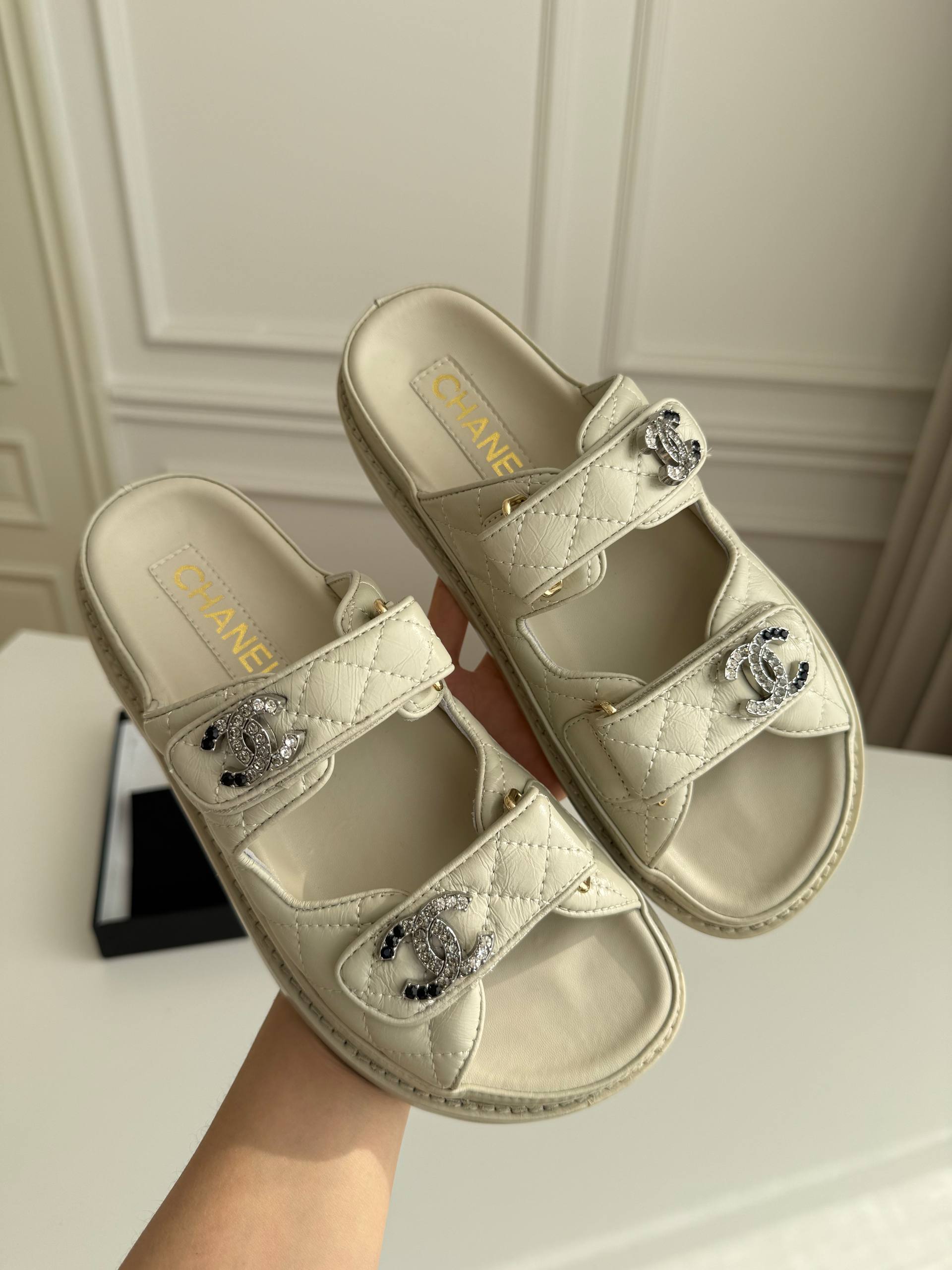 Chanel Quilted Lambskin Crystal CC Velcro Dad Sandals