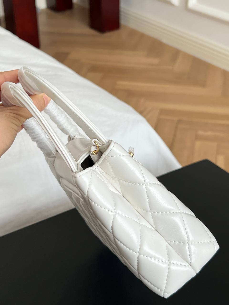 Chanel White Shiny Lambskin Quilted Mini Handbag With Gold CC Turn Lock