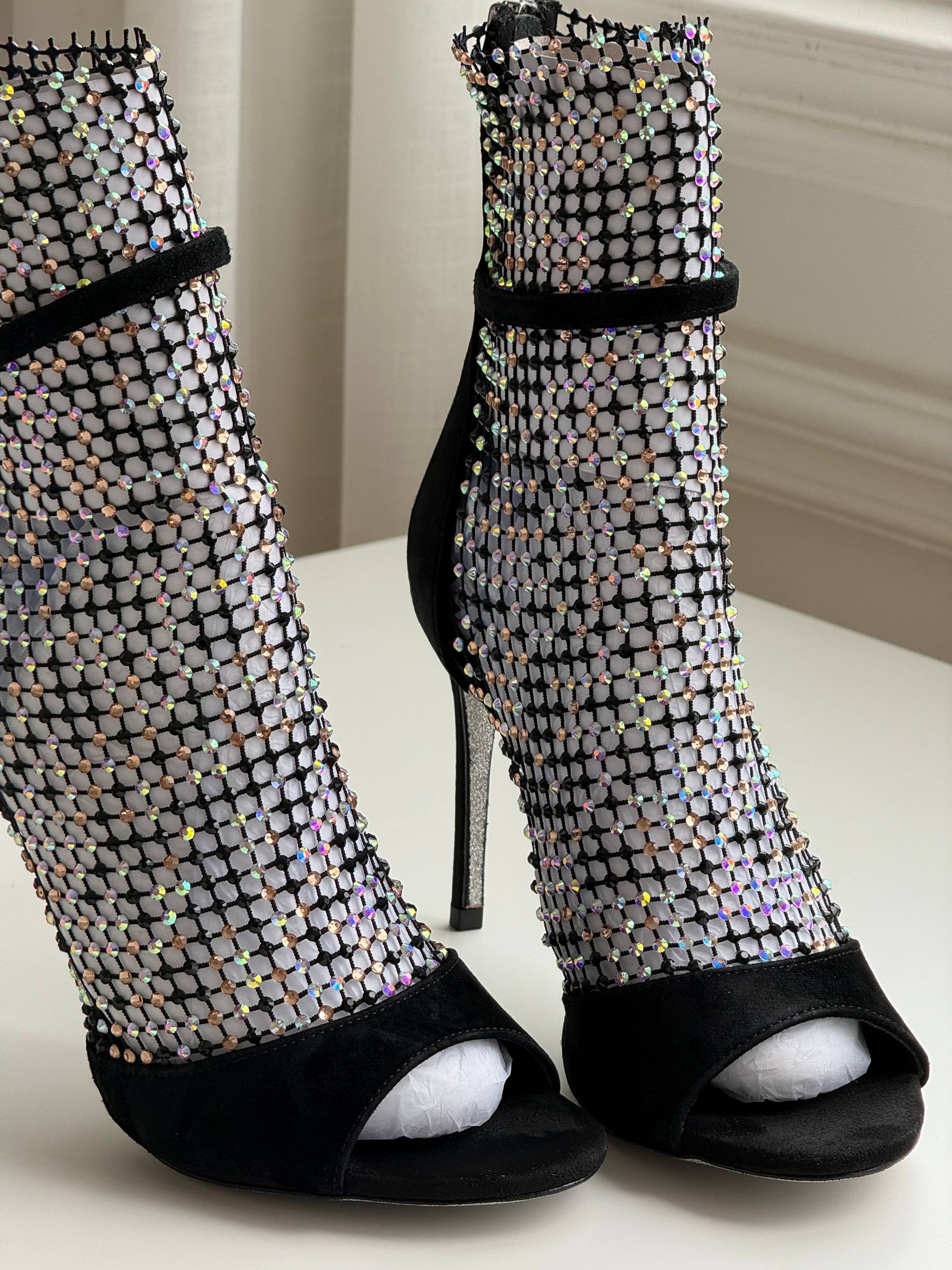 Rene Caovilla Fishnet Crystal Open-Toe Stiletto Ankle Boots