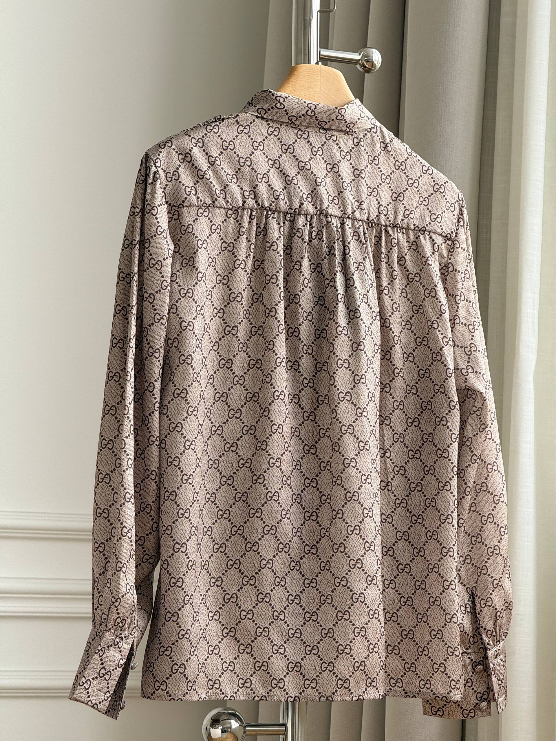 Gucci All-over GG Monogram Bow Tie Neck Satin Blouse