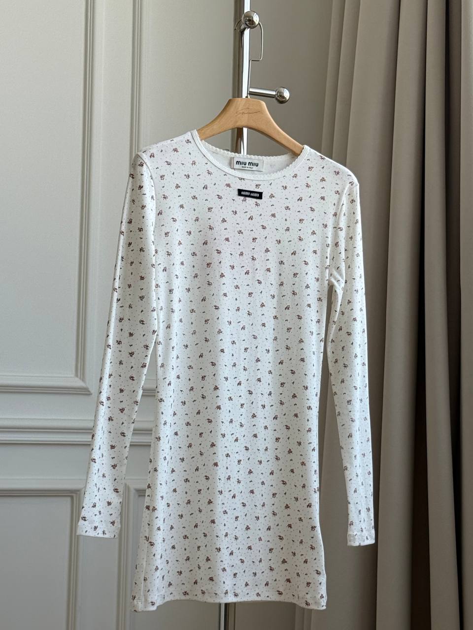 Miu Miu Floral Print Ribbed Jersey Long Sleeve Mini Dress