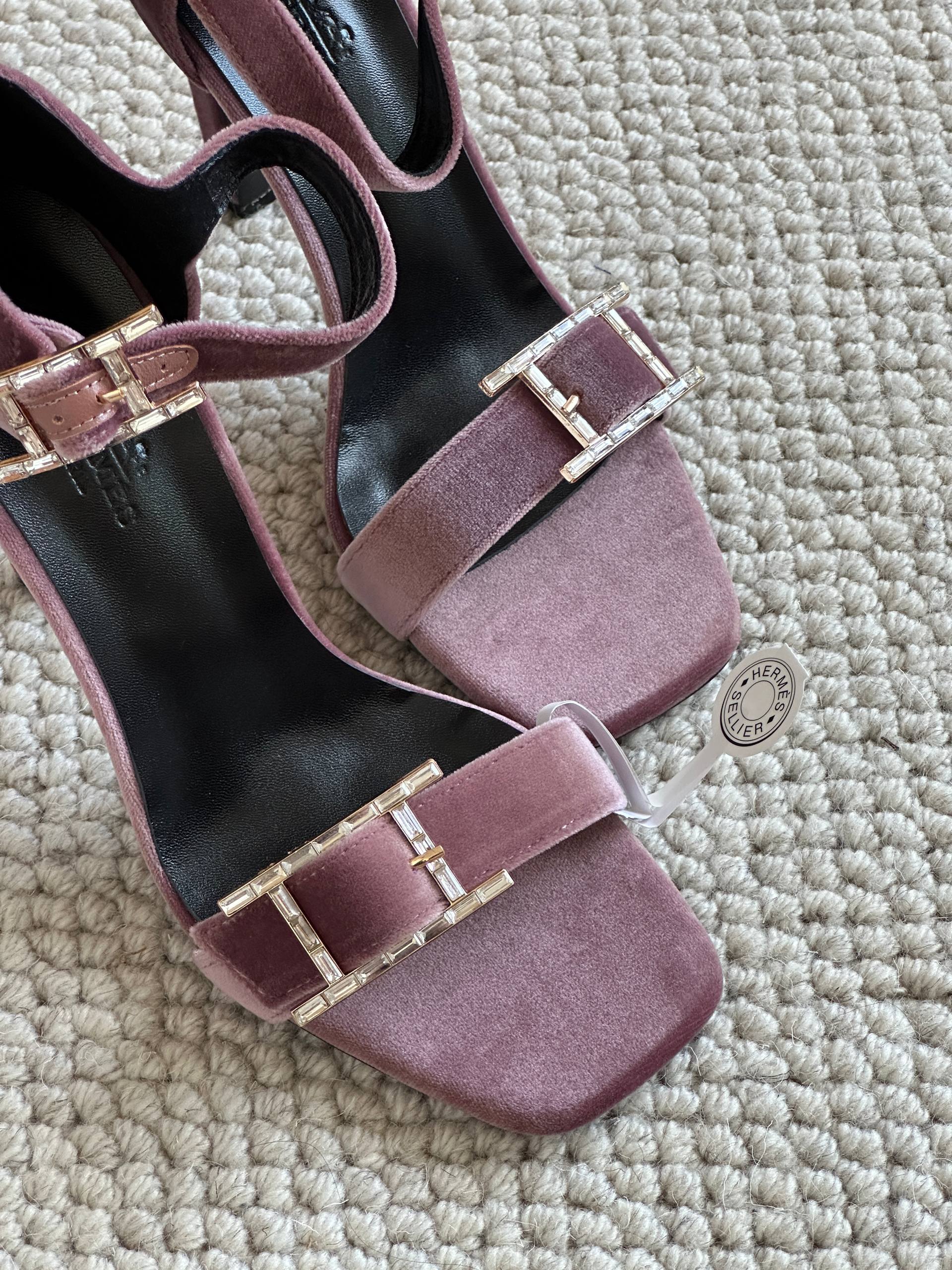 Hermès Dusty Pink Velvet Crystal H Buckle Block Heel Sandals