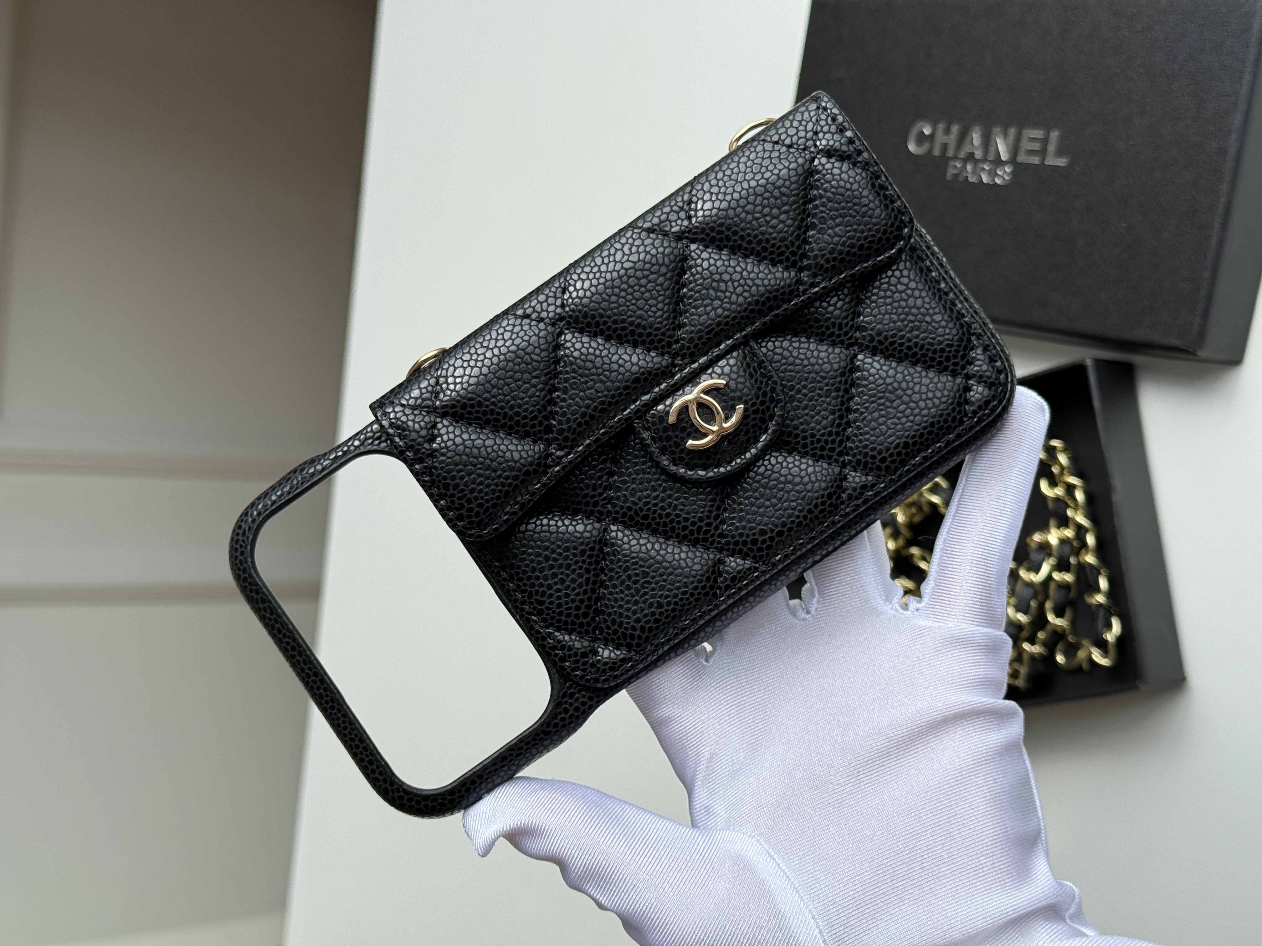 Chanel Black Caviar Leather Quilted Phone Holder Chain Crossbody Bag